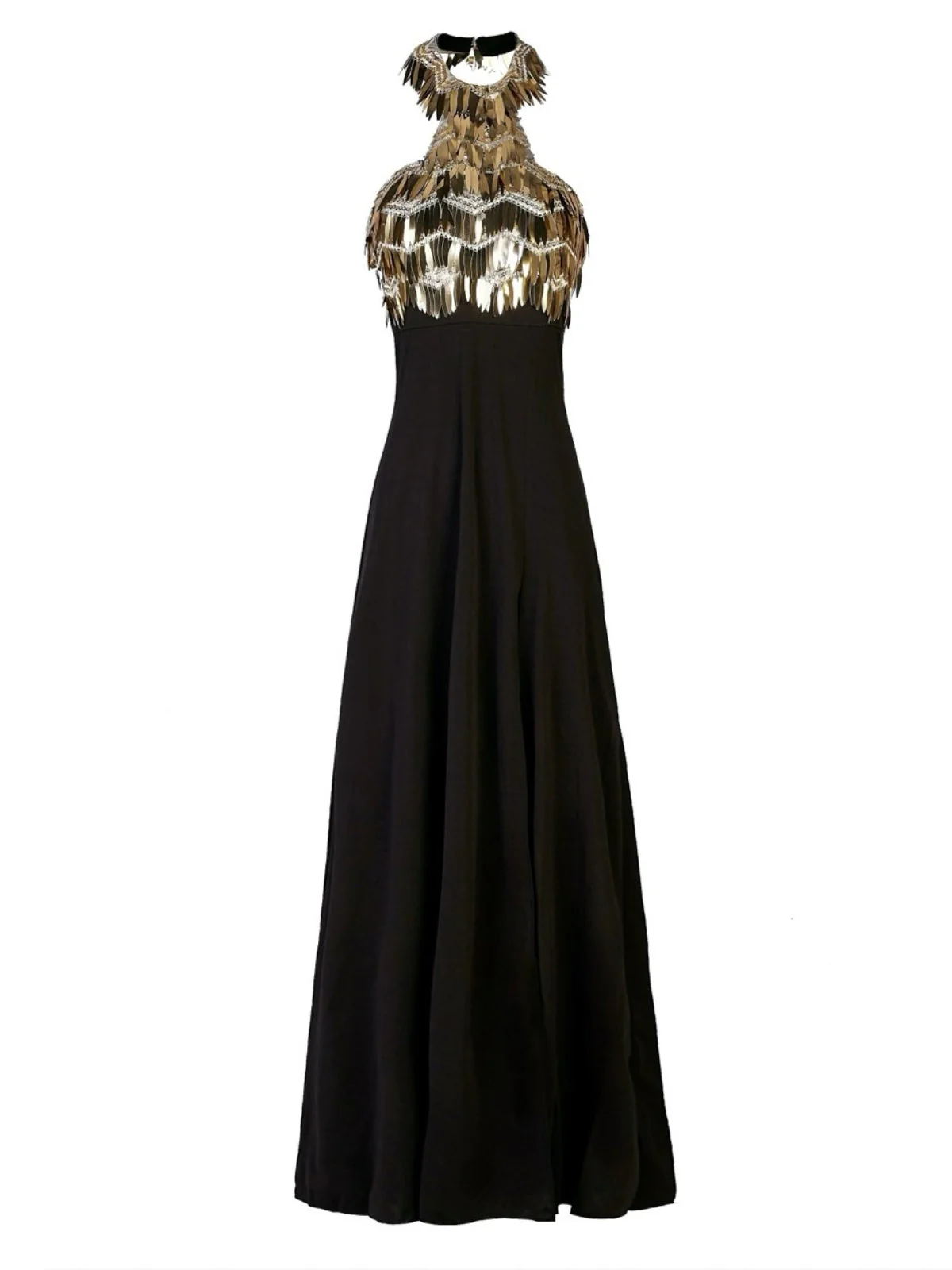 Gold 1930er Pailletten Patchwork Halter Rückenfrei Abend Kleid - Image 3