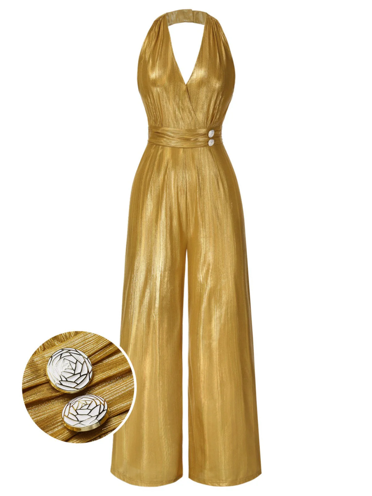 Gold 1970er Solide V-Ausschnitt Halter Jumpsuit