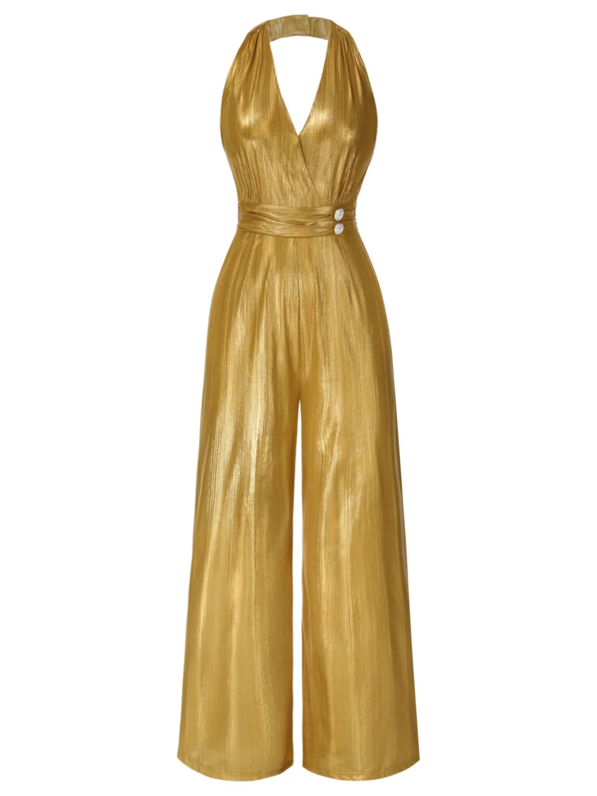 Gold 1970er Solide V-Ausschnitt Halter Jumpsuit - Image 2
