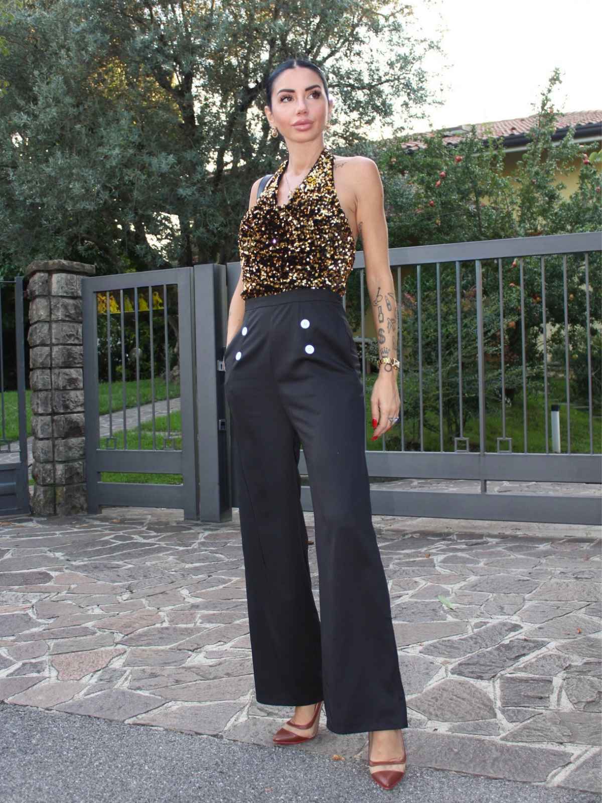 Gold 1930er Wasserfallausschnitt Pailletten Jumpsuit - Image 2