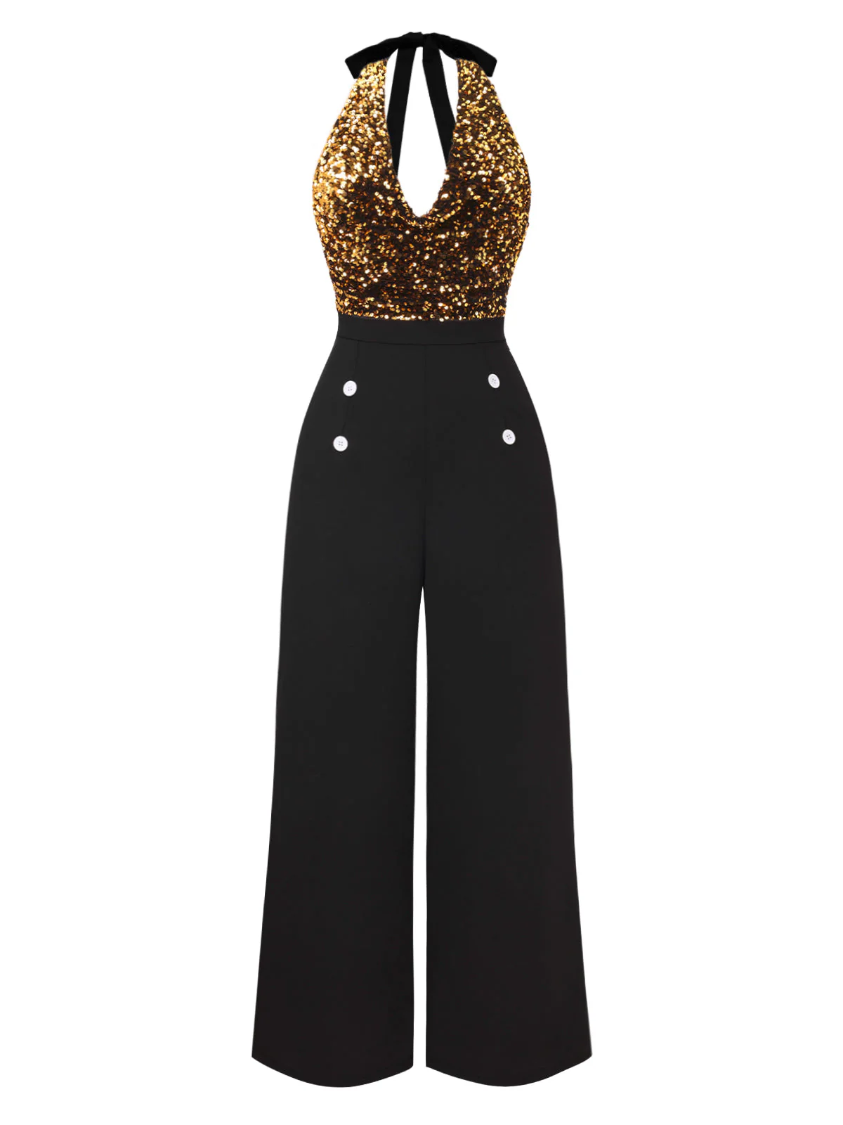 Gold 1930er Wasserfallausschnitt Pailletten Jumpsuit - Image 2