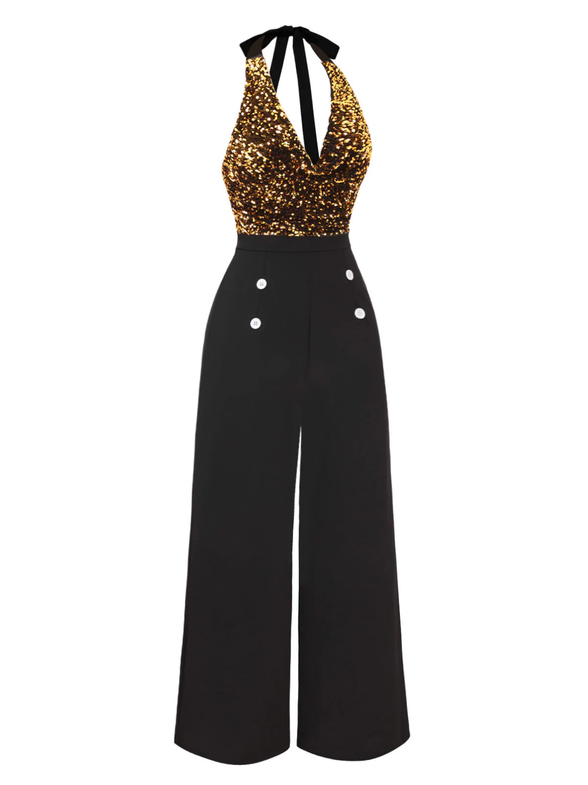 Gold 1930er Wasserfallausschnitt Pailletten Jumpsuit - Image 3