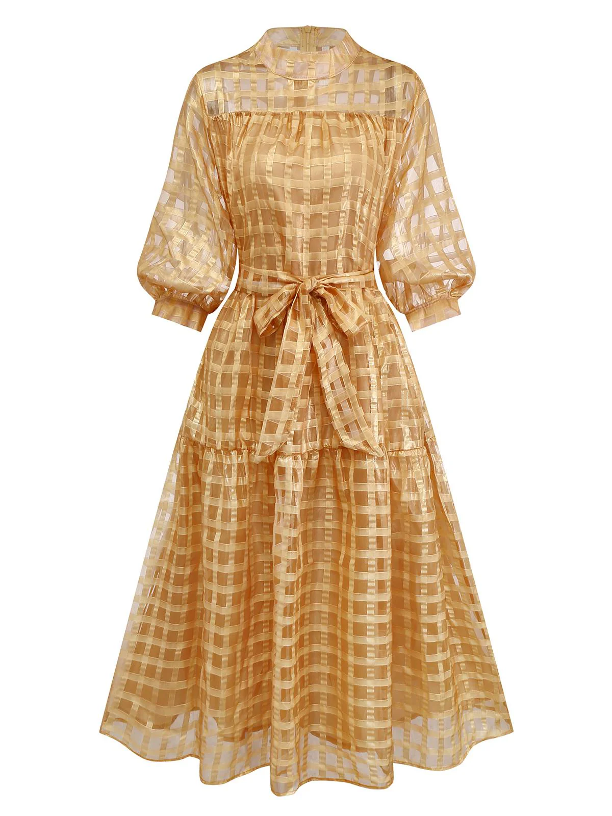 Gold 1940er Sheer Grid Puffärmel Gürtel Midi Party Kleid - Image 2
