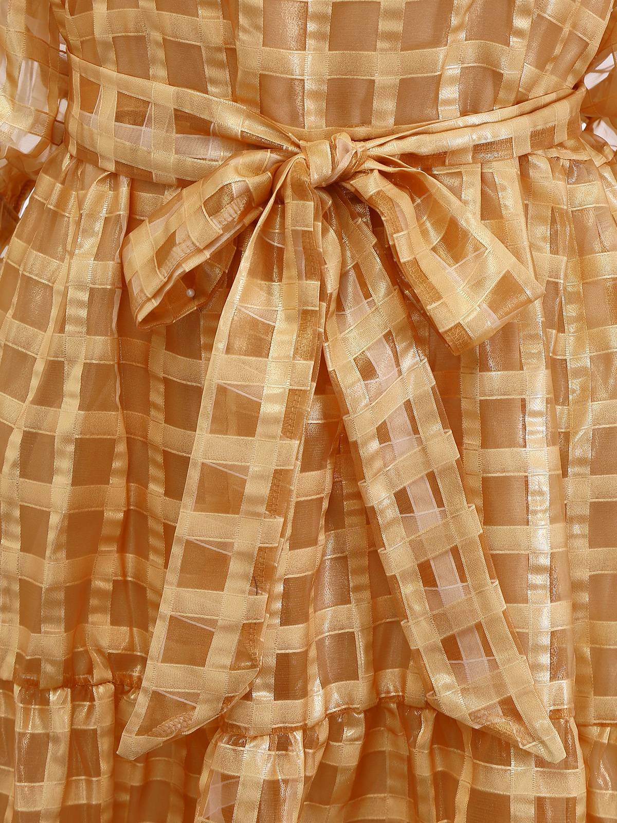 Gold 1940er Sheer Grid Puffärmel Gürtel Midi Party Kleid - Image 3