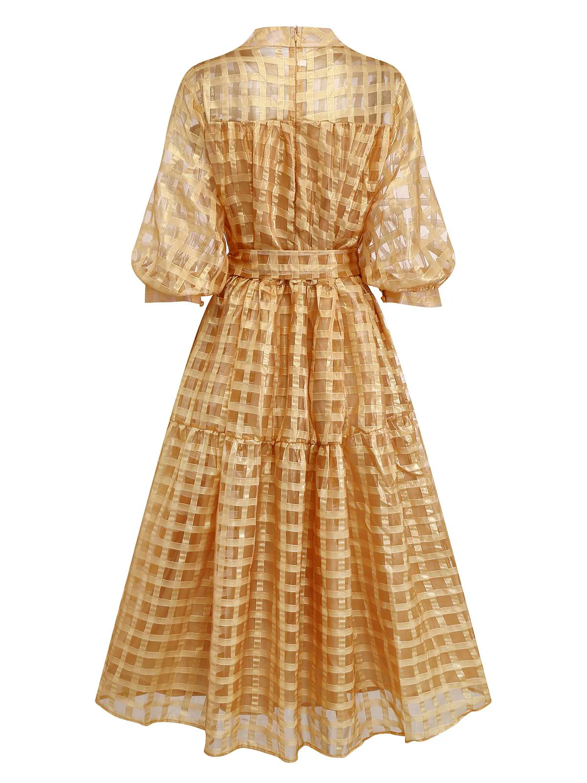 Gold 1940er Sheer Grid Puffärmel Gürtel Midi Party Kleid - Image 4