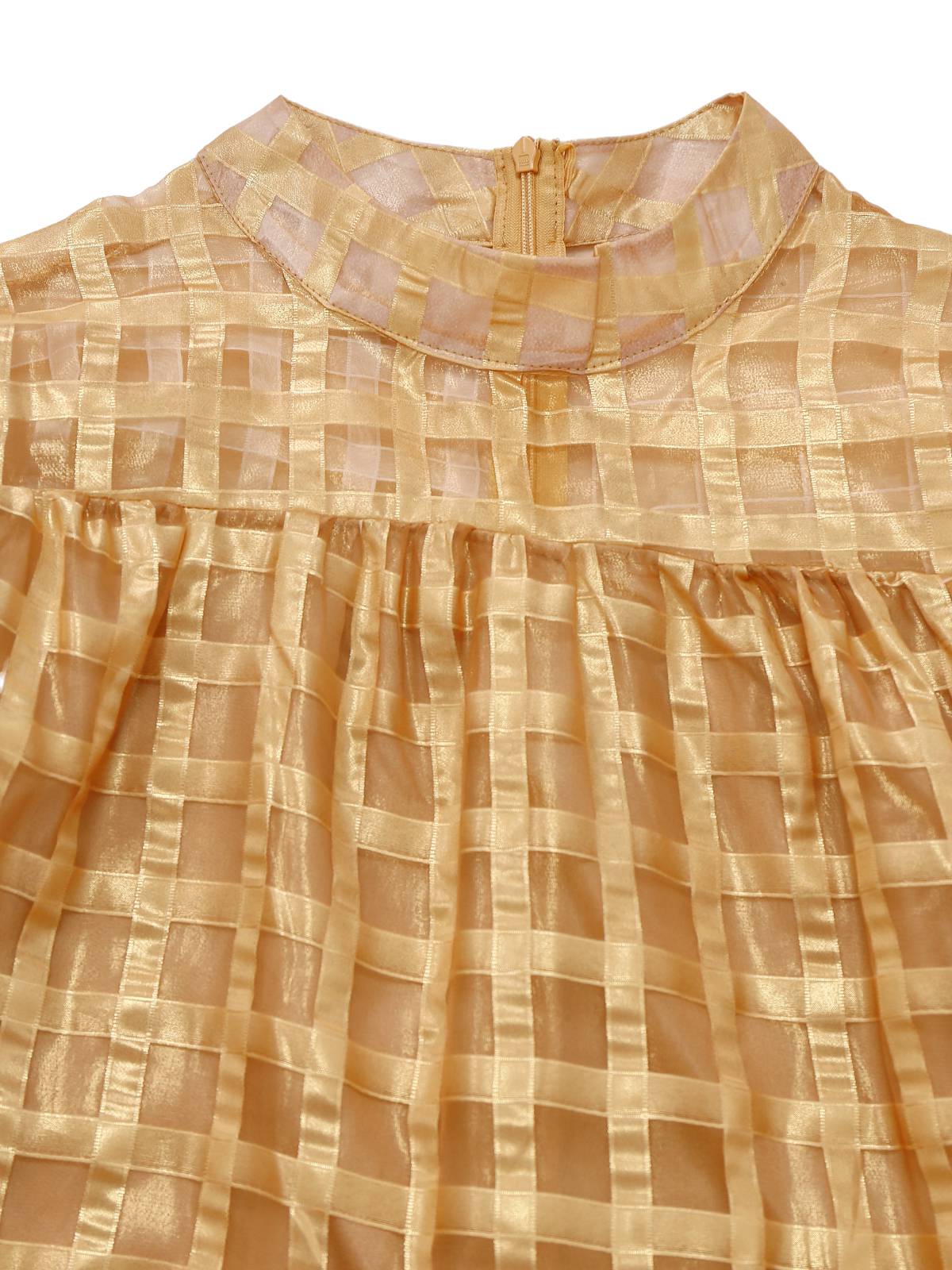 Gold 1940er Sheer Grid Puffärmel Gürtel Midi Party Kleid - Image 5