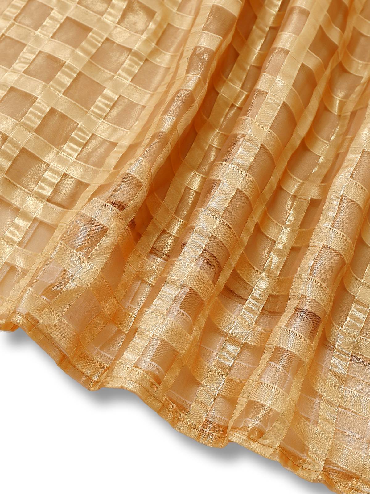 Gold 1940er Sheer Grid Puffärmel Gürtel Midi Party Kleid - Image 7