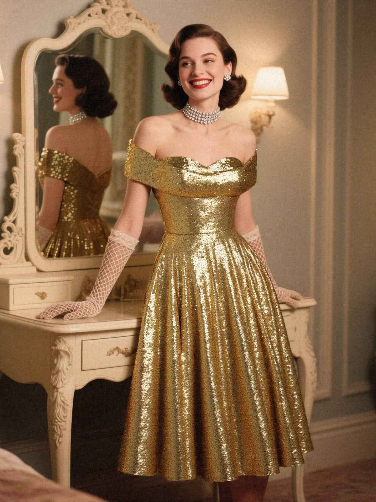 Gold 1950er Schulterfrei Pailletten Swing Kleid - Image 2
