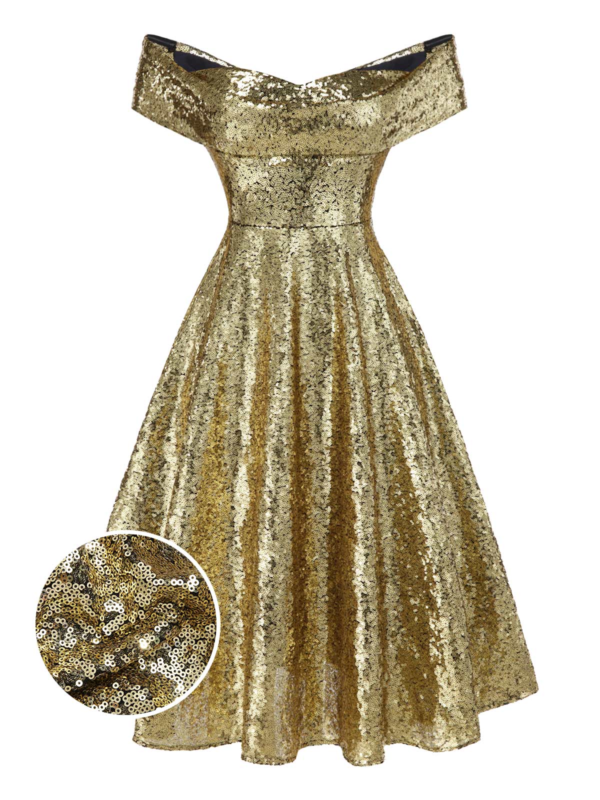 Gold 1950er Schulterfrei Pailletten Swing Kleid - Image 3