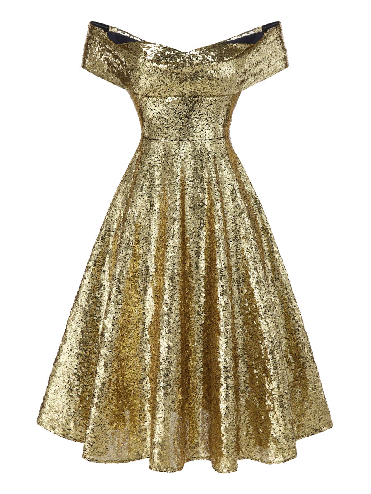 Gold 1950er Schulterfrei Pailletten Swing Kleid - Image 4