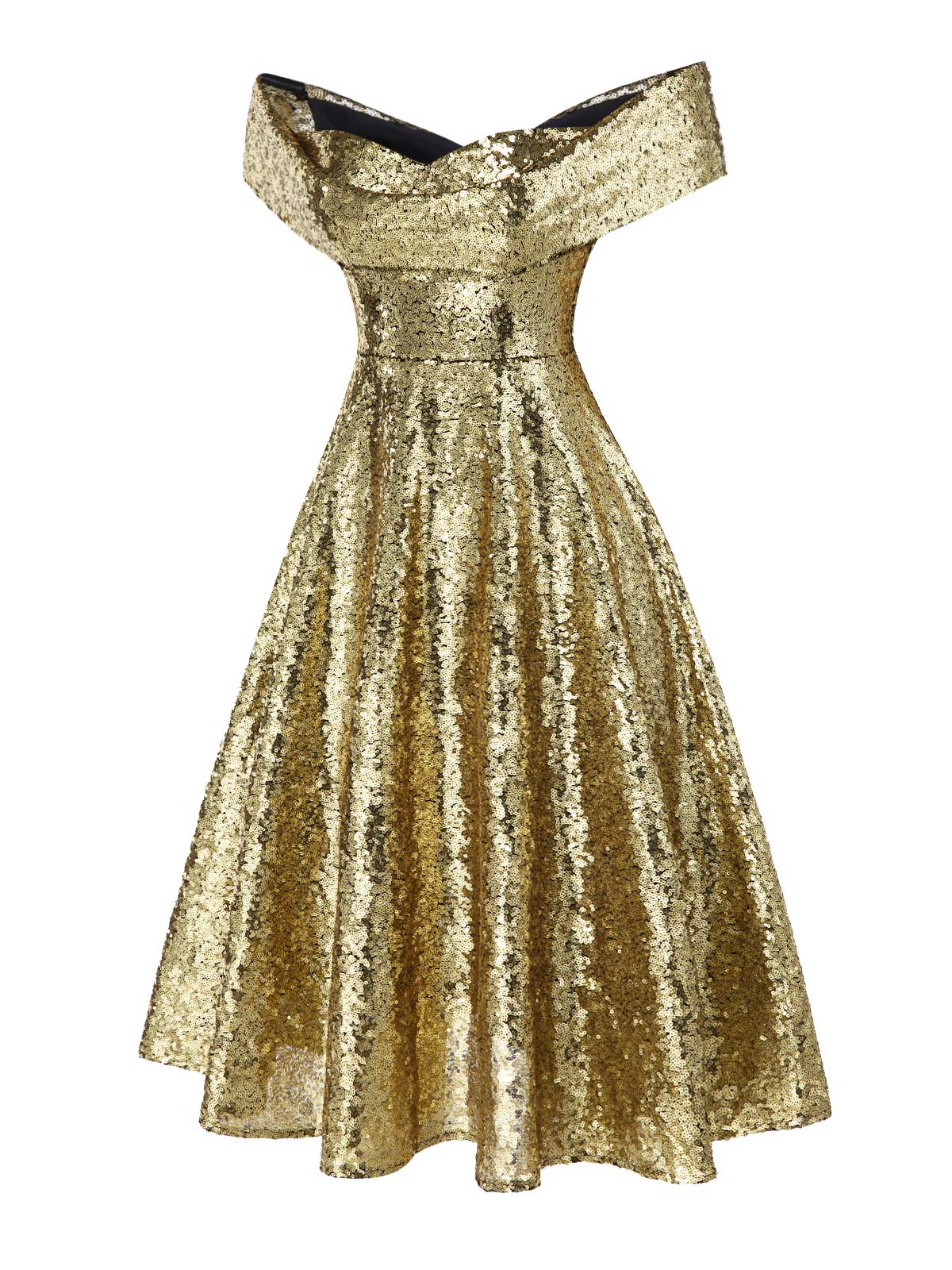 Gold 1950er Schulterfrei Pailletten Swing Kleid - Image 5