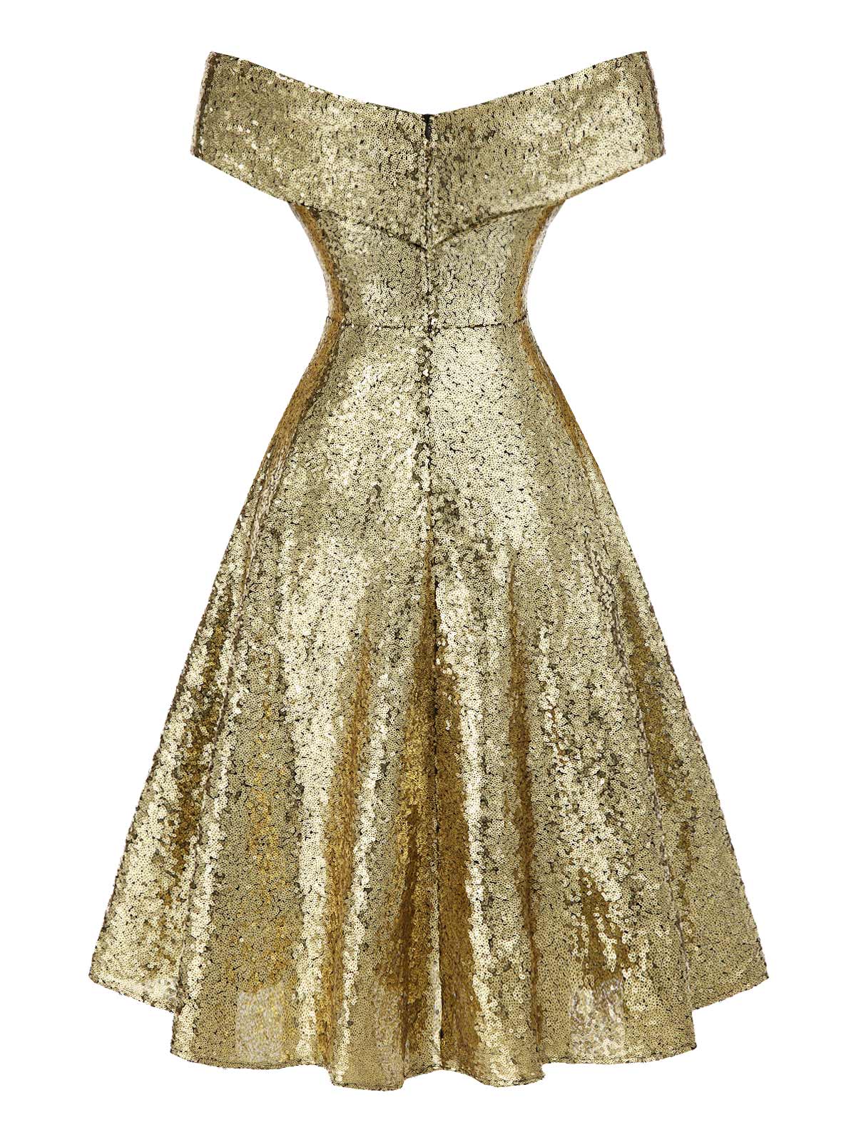 Gold 1950er Schulterfrei Pailletten Swing Kleid - Image 6