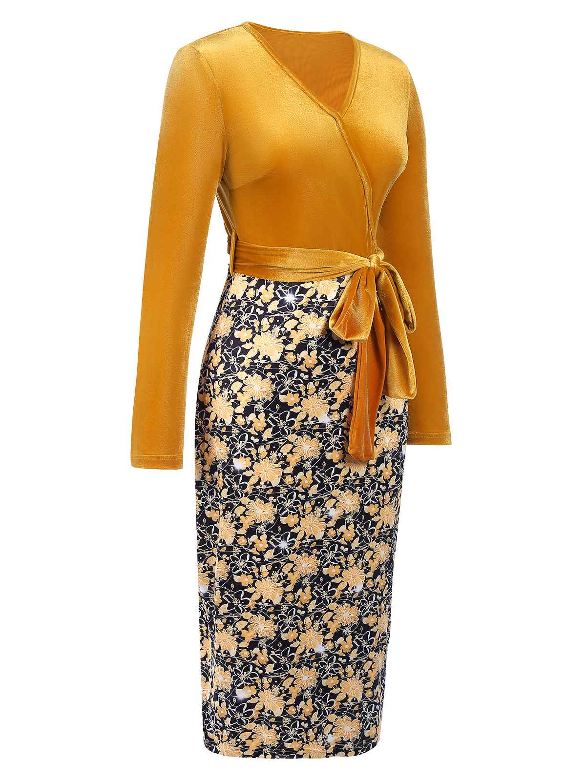 Gold 1960er Blumen Patchwork Wickeln Gürtel Kleid - Image 3