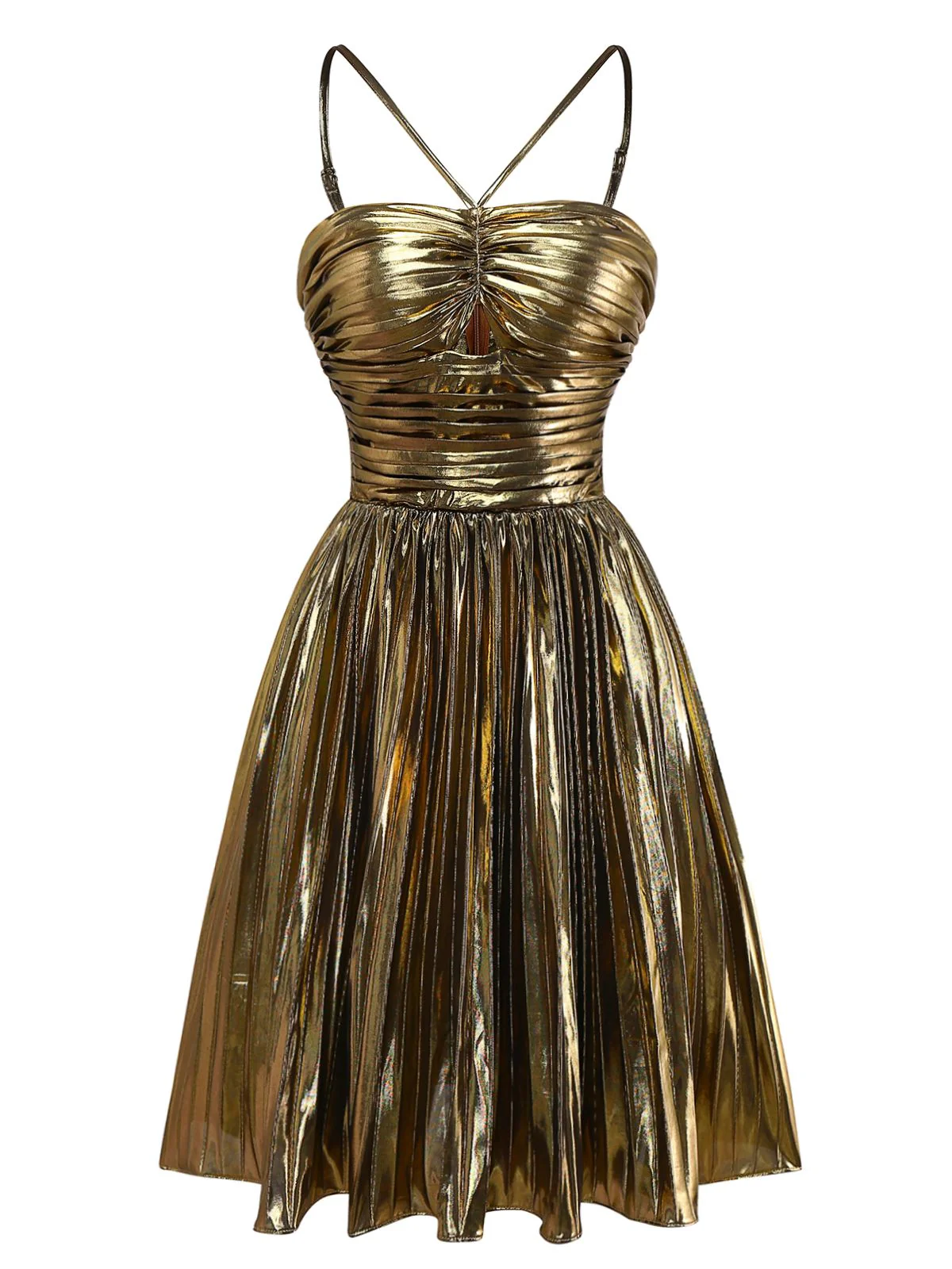 Gold 1960er Metallisch Plissiertes Hollow Party Träger Kleid - Image 2