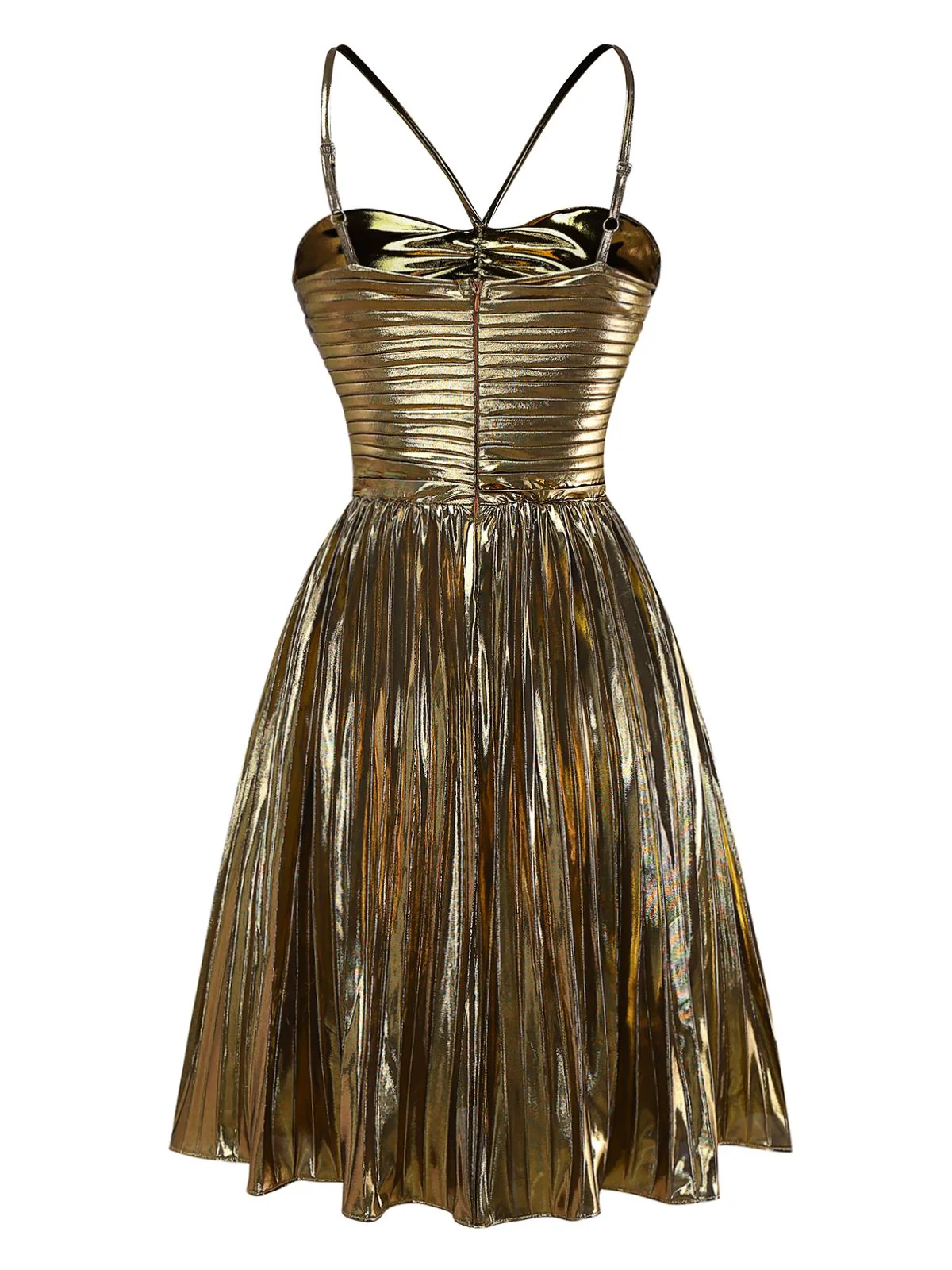 Gold 1960er Metallisch Plissiertes Hollow Party Träger Kleid - Image 3