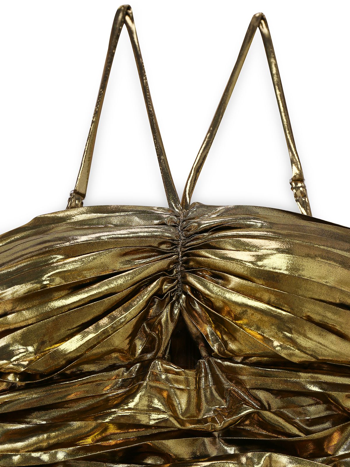 Gold 1960er Metallisch Plissiertes Hollow Party Träger Kleid - Image 4