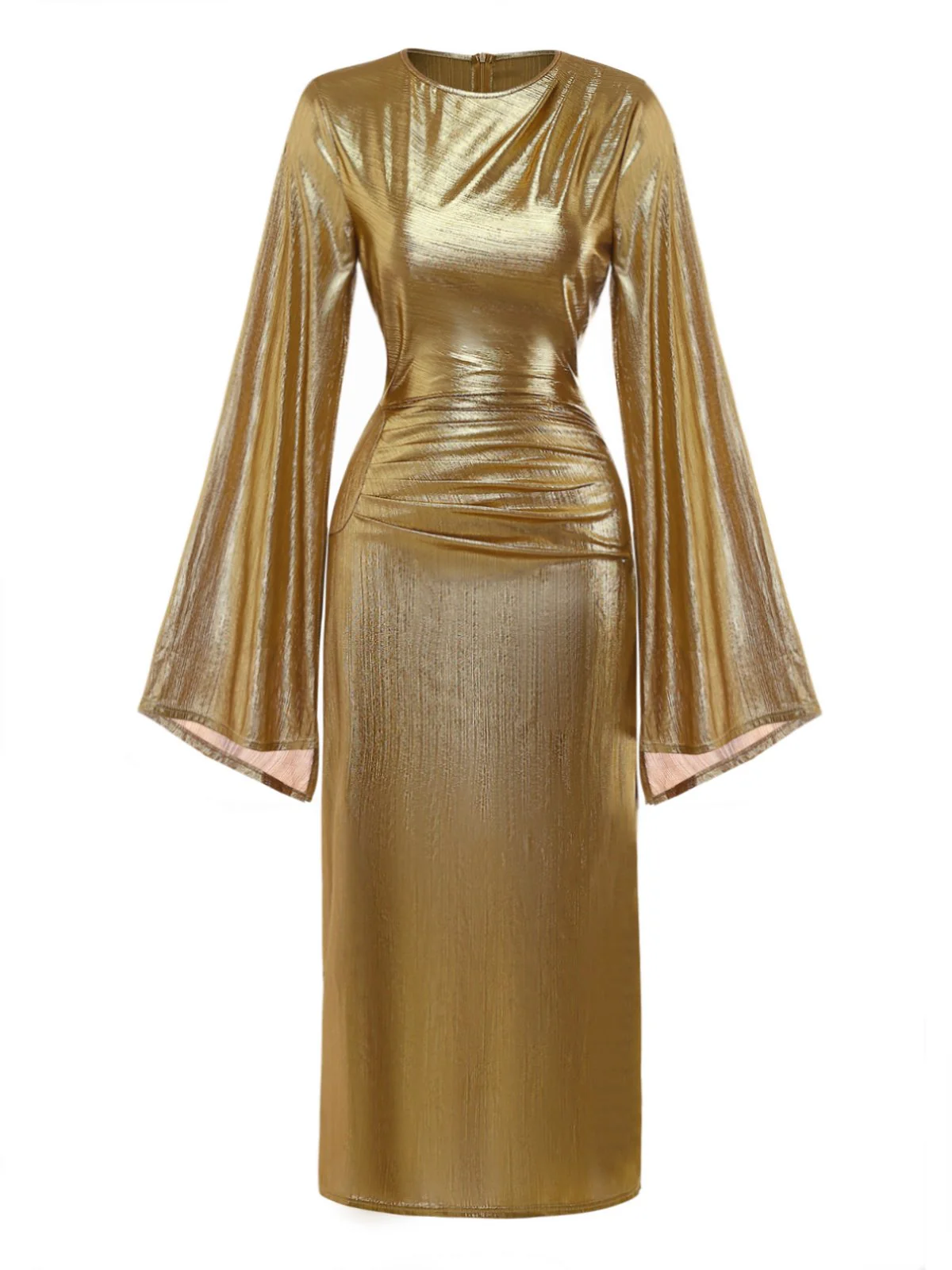 Gold 1970er Fledermaus Ärmel Taille Gerüschtes Kleid - Image 2