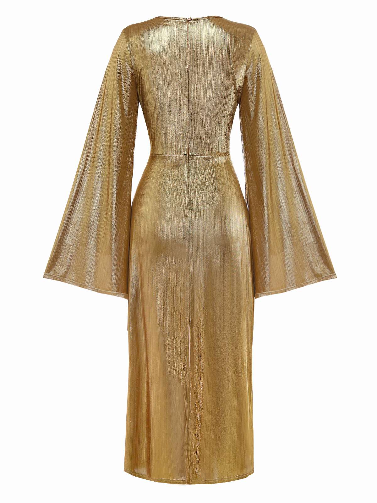 Gold 1970er Fledermaus Ärmel Taille Gerüschtes Kleid - Image 3