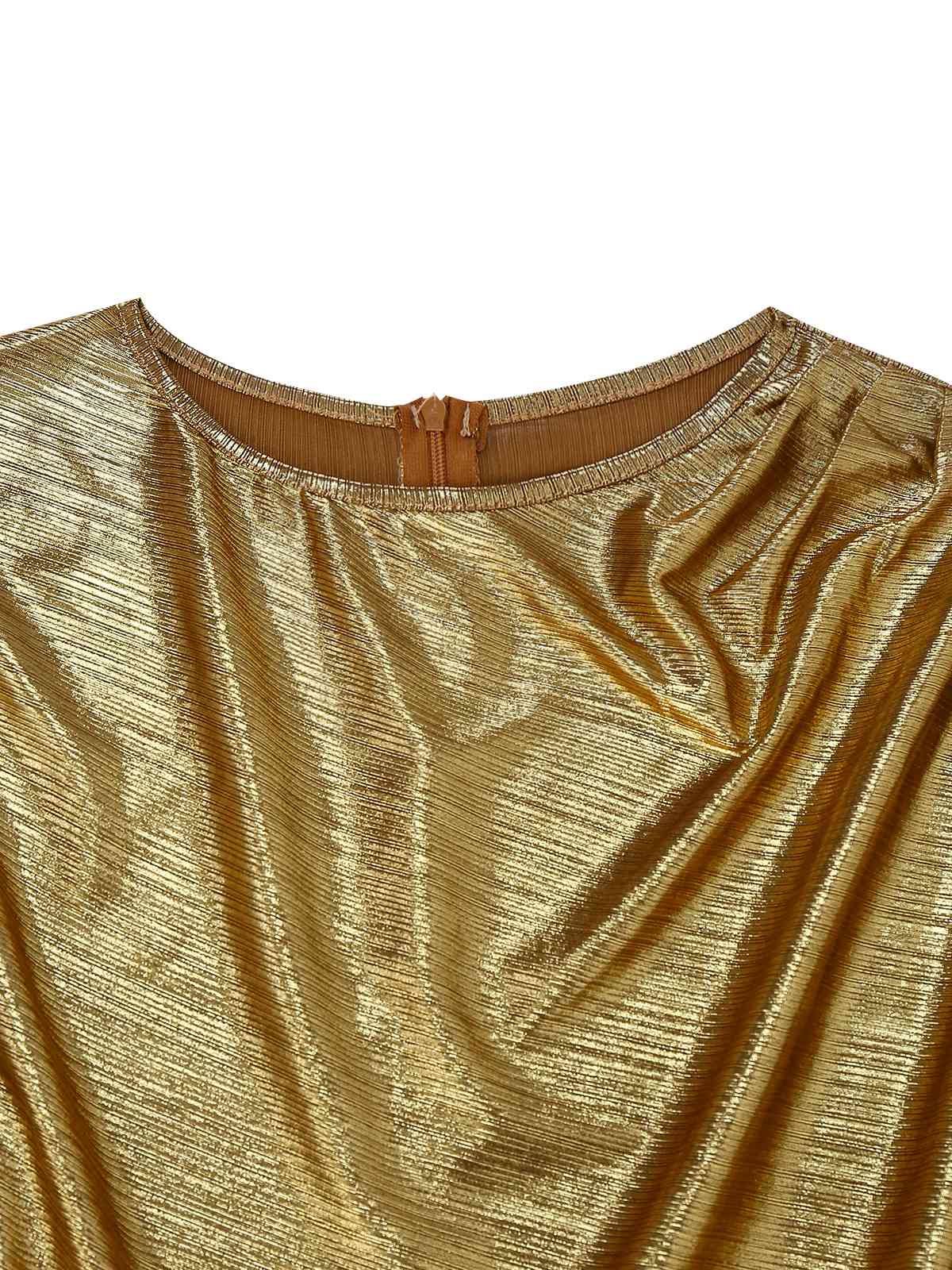 Gold 1970er Fledermaus Ärmel Taille Gerüschtes Kleid - Image 4
