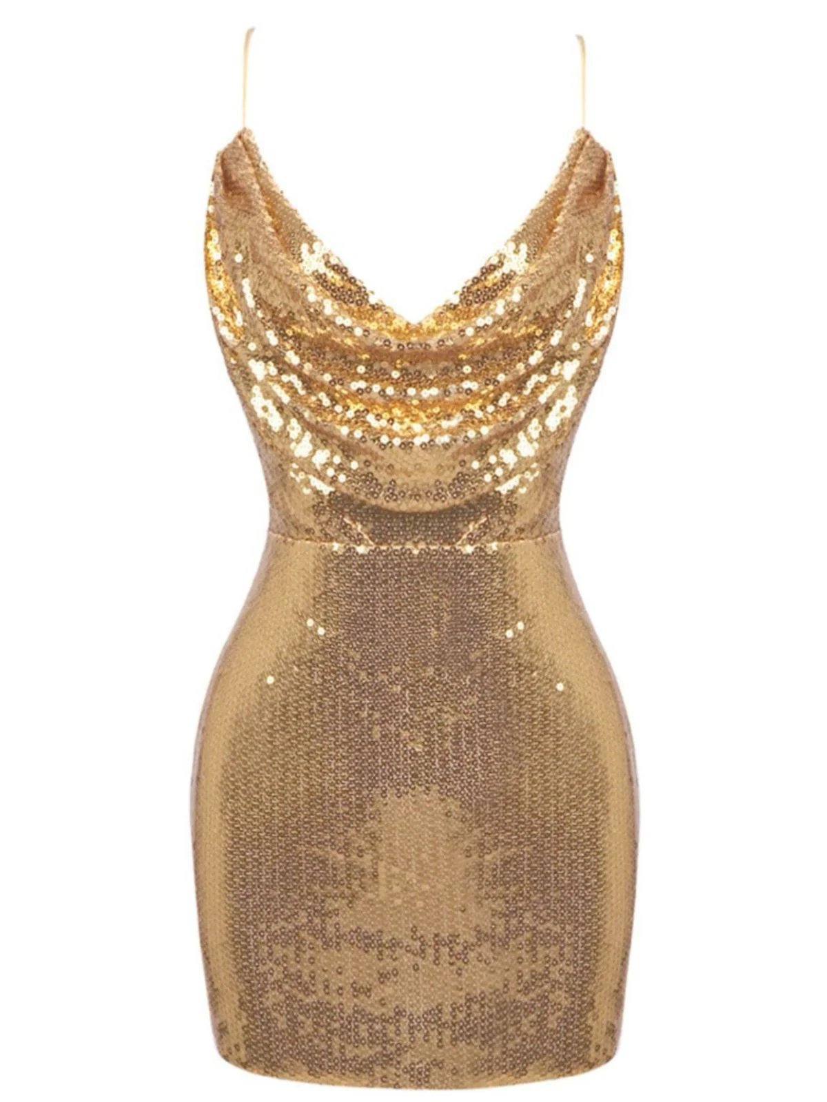 Gold 1970er Solide Pailletten Mini Party Kleid