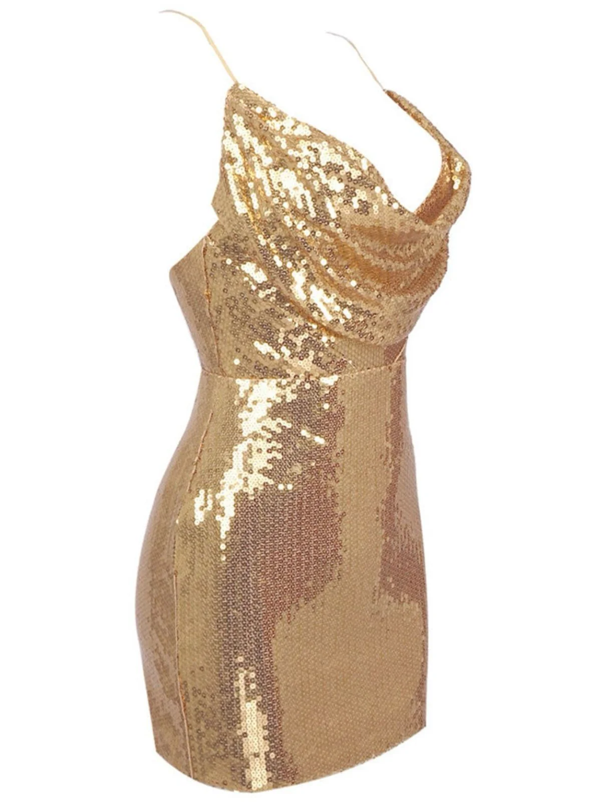 Gold 1970er Solide Pailletten Mini Party Kleid - Image 2