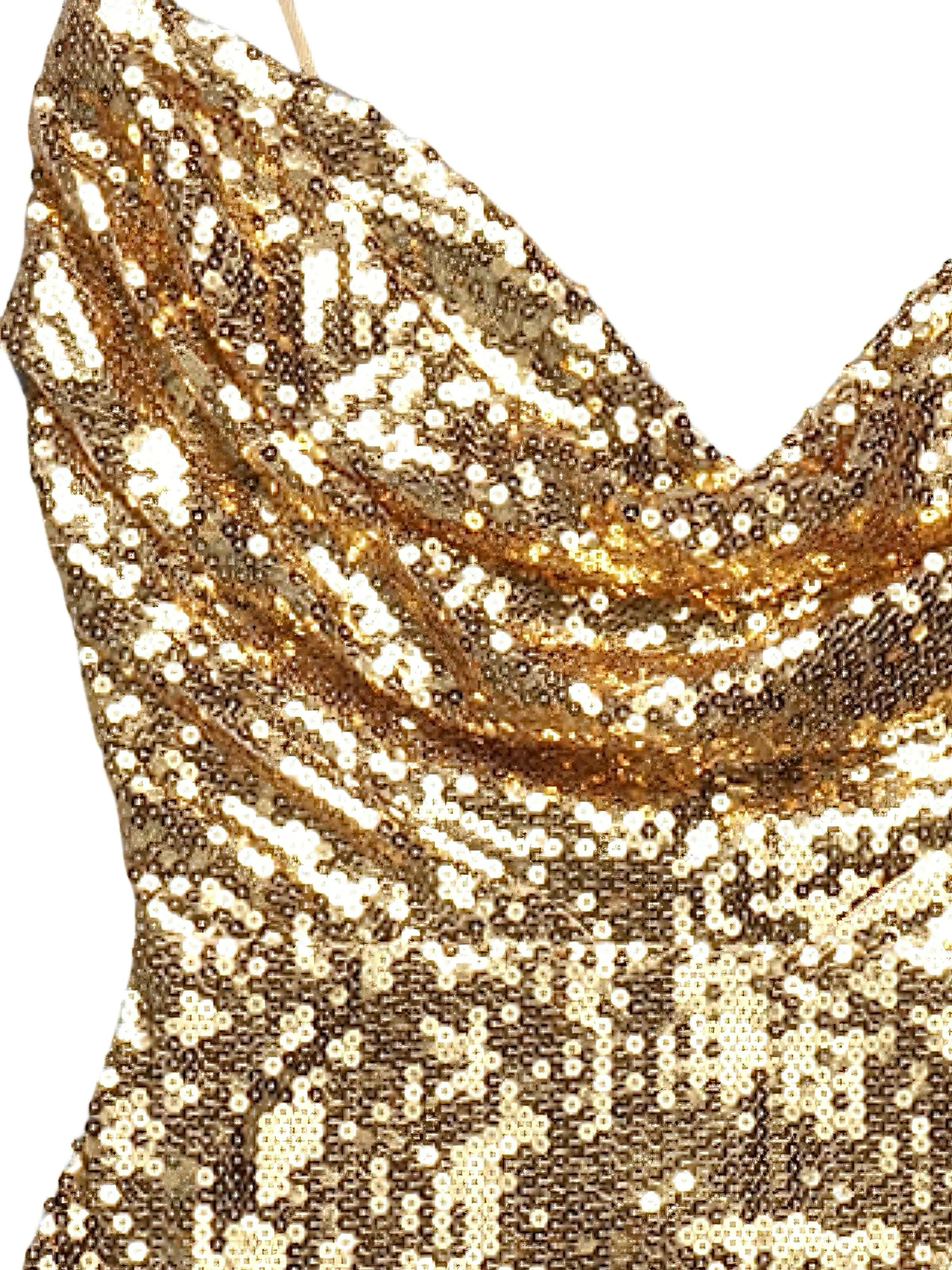 Gold 1970er Solide Pailletten Mini Party Kleid - Image 4