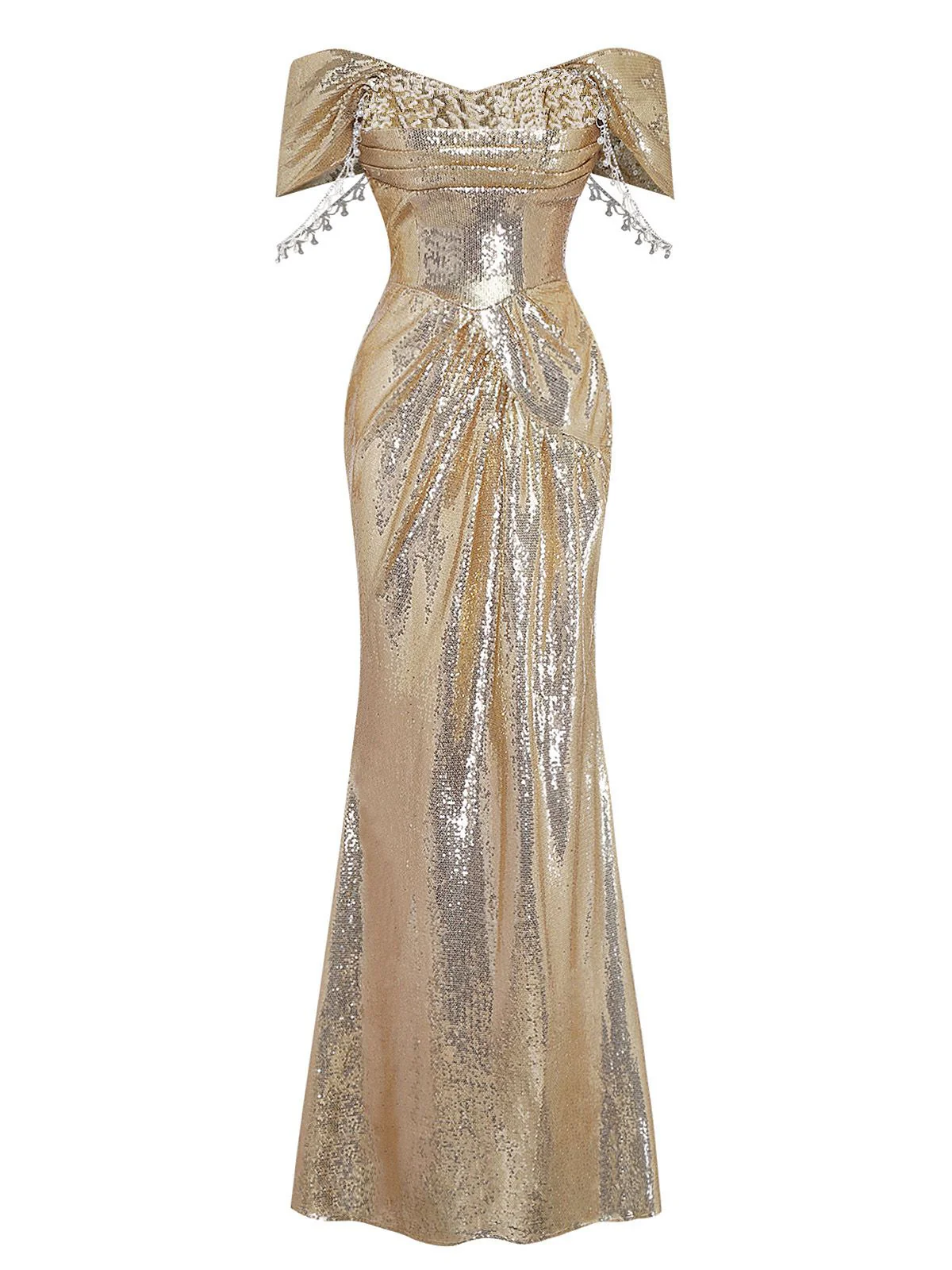 Gold 1980er Schulterfrei Pailletten Party Kleid - Image 2