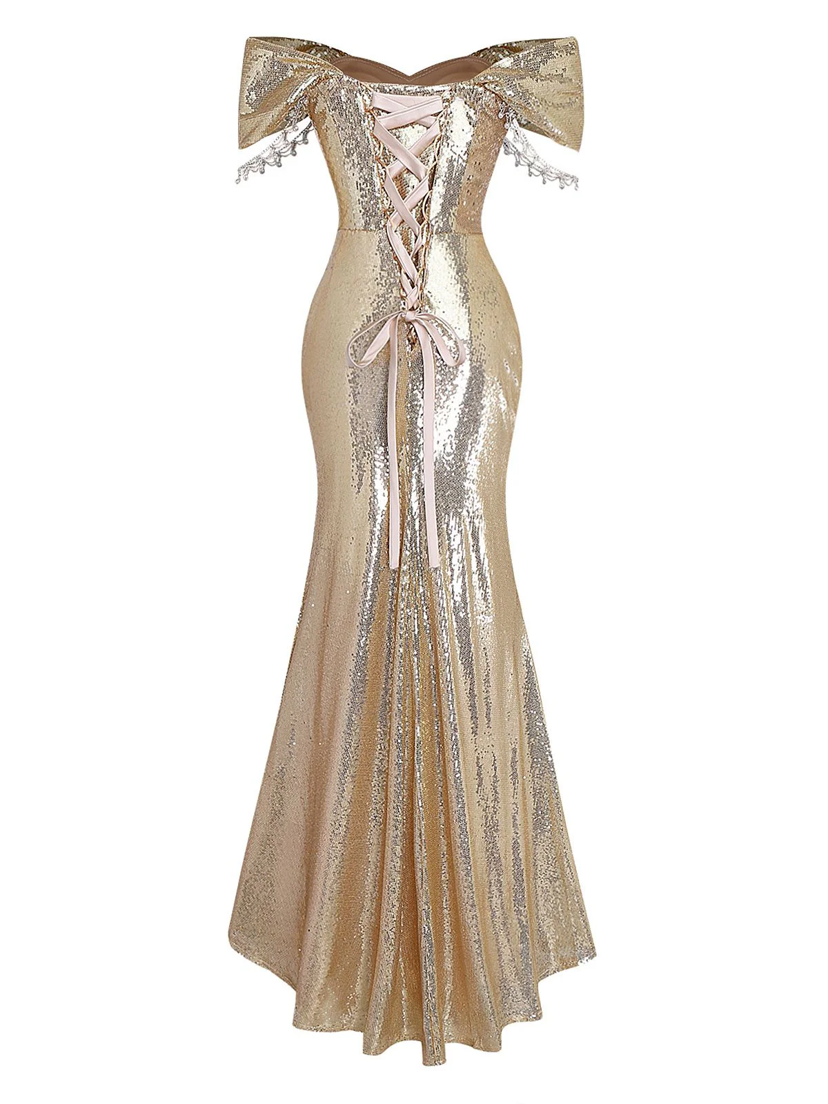 Gold 1980er Schulterfrei Pailletten Party Kleid - Image 3