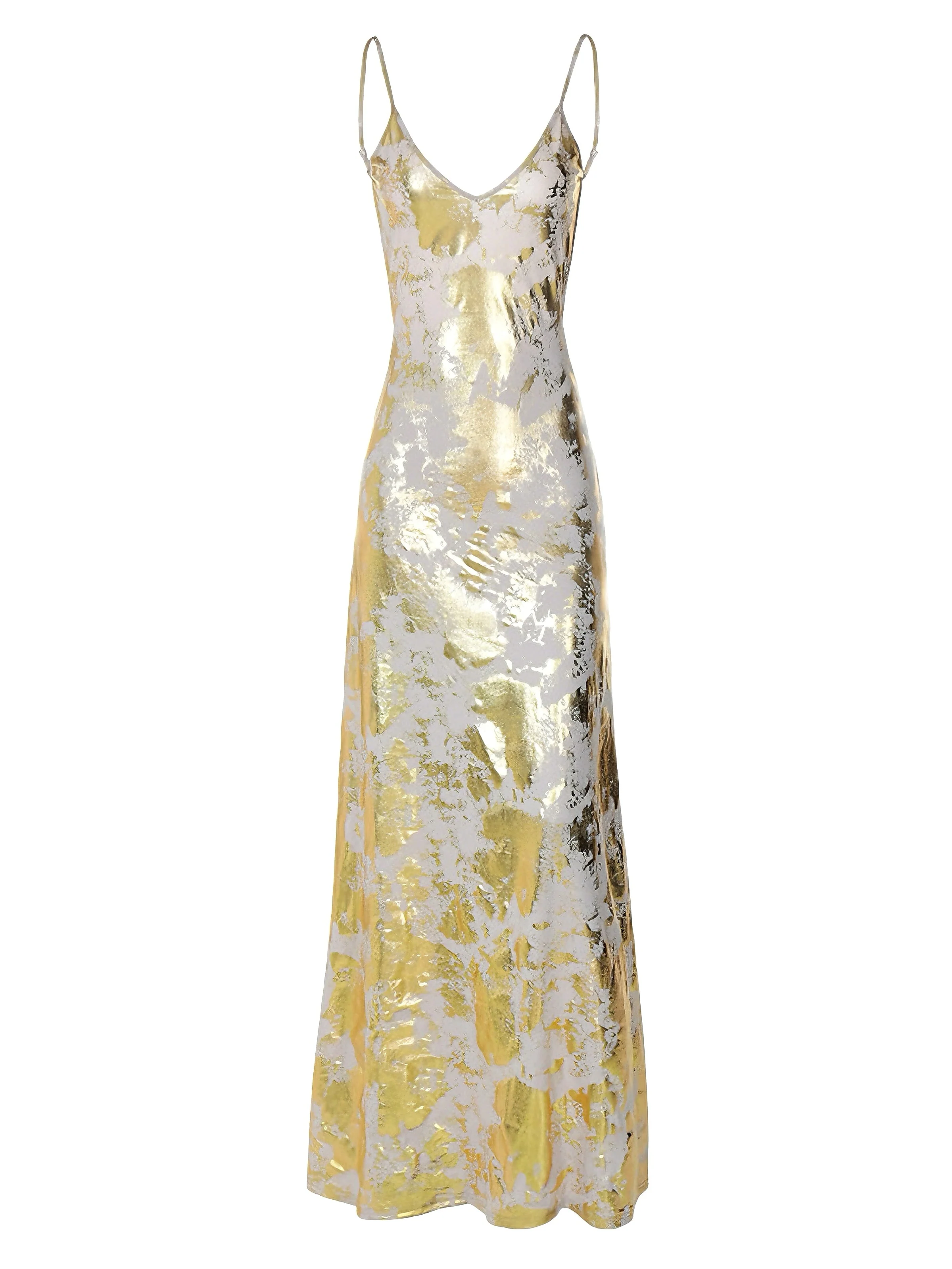 Gold 1980er Spaghetti Träger V-Ausschnitt Folienprint Kleid - Image 2