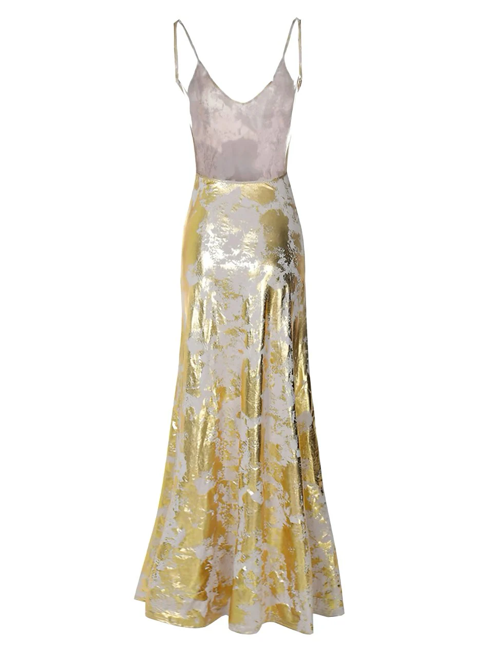 Gold 1980er Spaghetti Träger V-Ausschnitt Folienprint Kleid - Image 3
