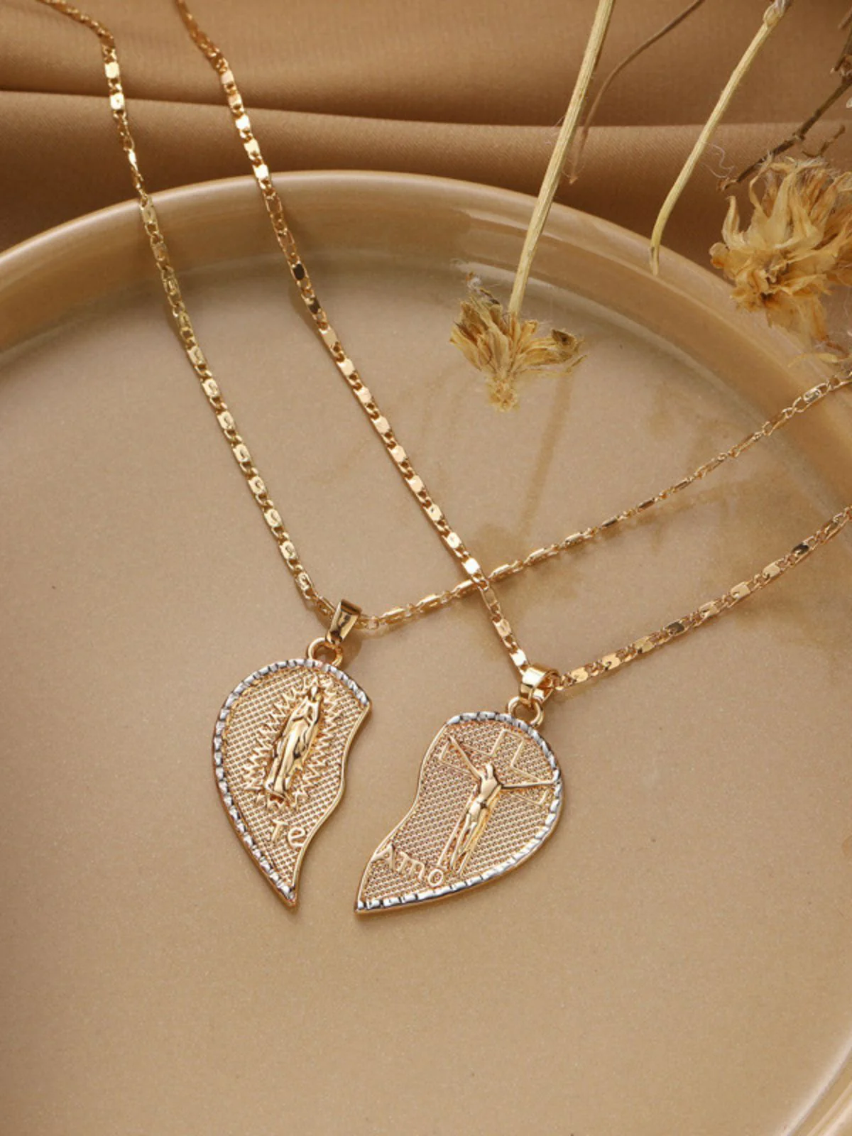 Gold Geteilt Herz Engel Anhänger Paar Halsketten Set - Image 3