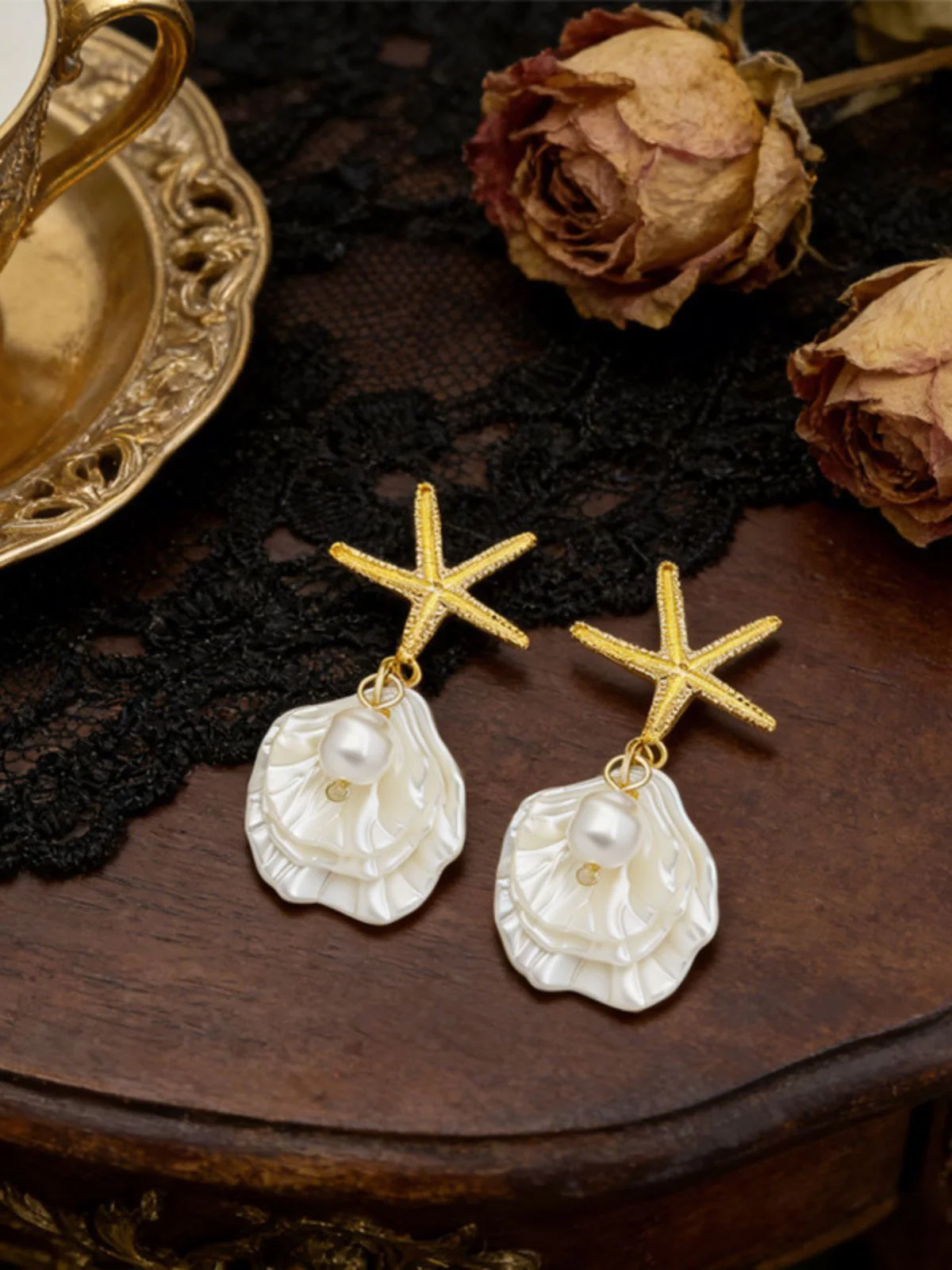 Gold Seestern Muschel Perlen Tropfen Ohrringe - Image 3