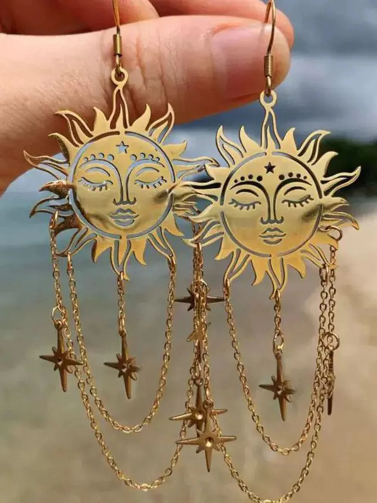Gold Vintage Sonne Gesicht Kette Tarot Ohrringe - Image 2