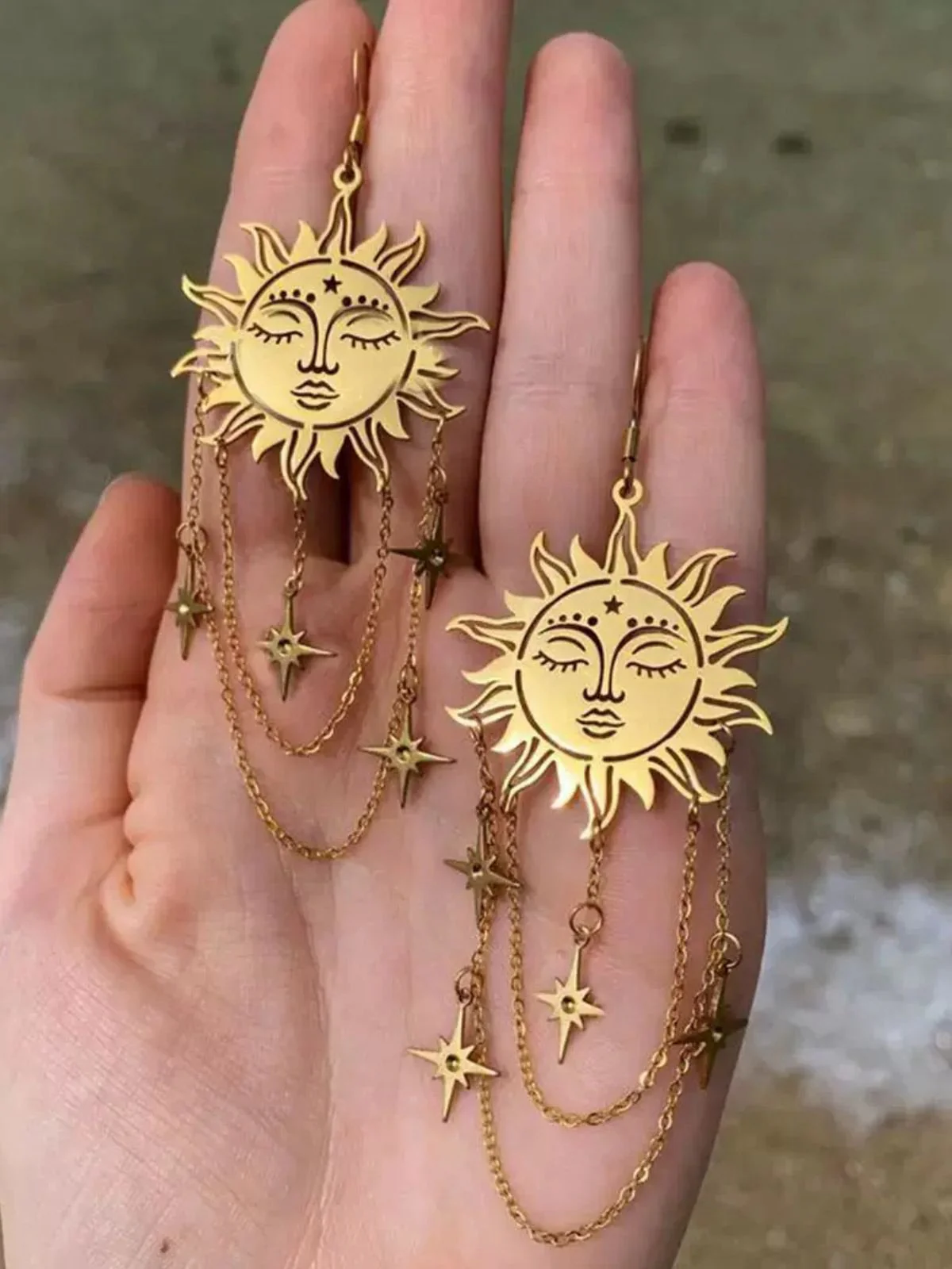 Gold Vintage Sonne Gesicht Kette Tarot Ohrringe - Image 3