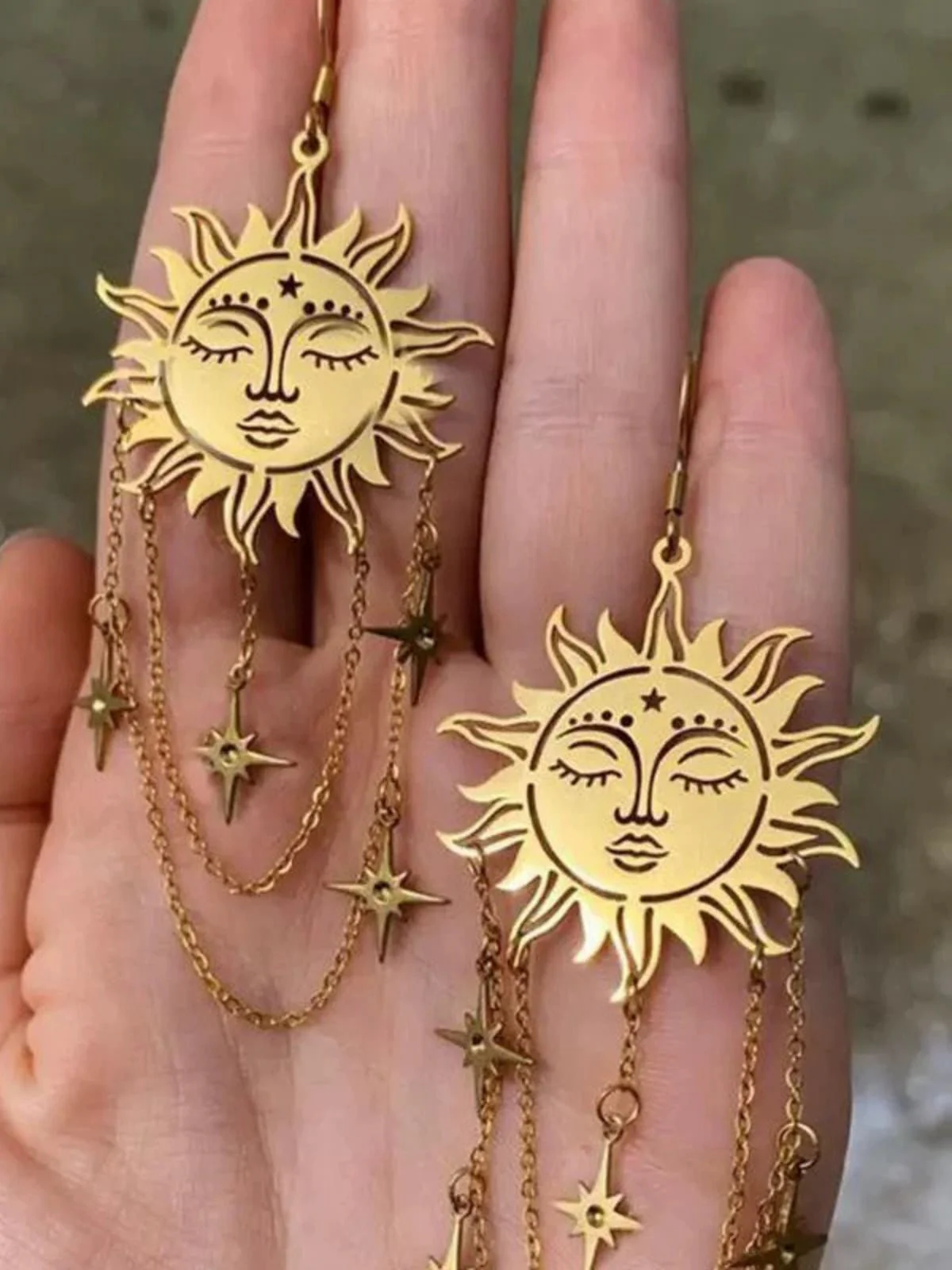 Gold Vintage Sonne Gesicht Kette Tarot Ohrringe - Image 4