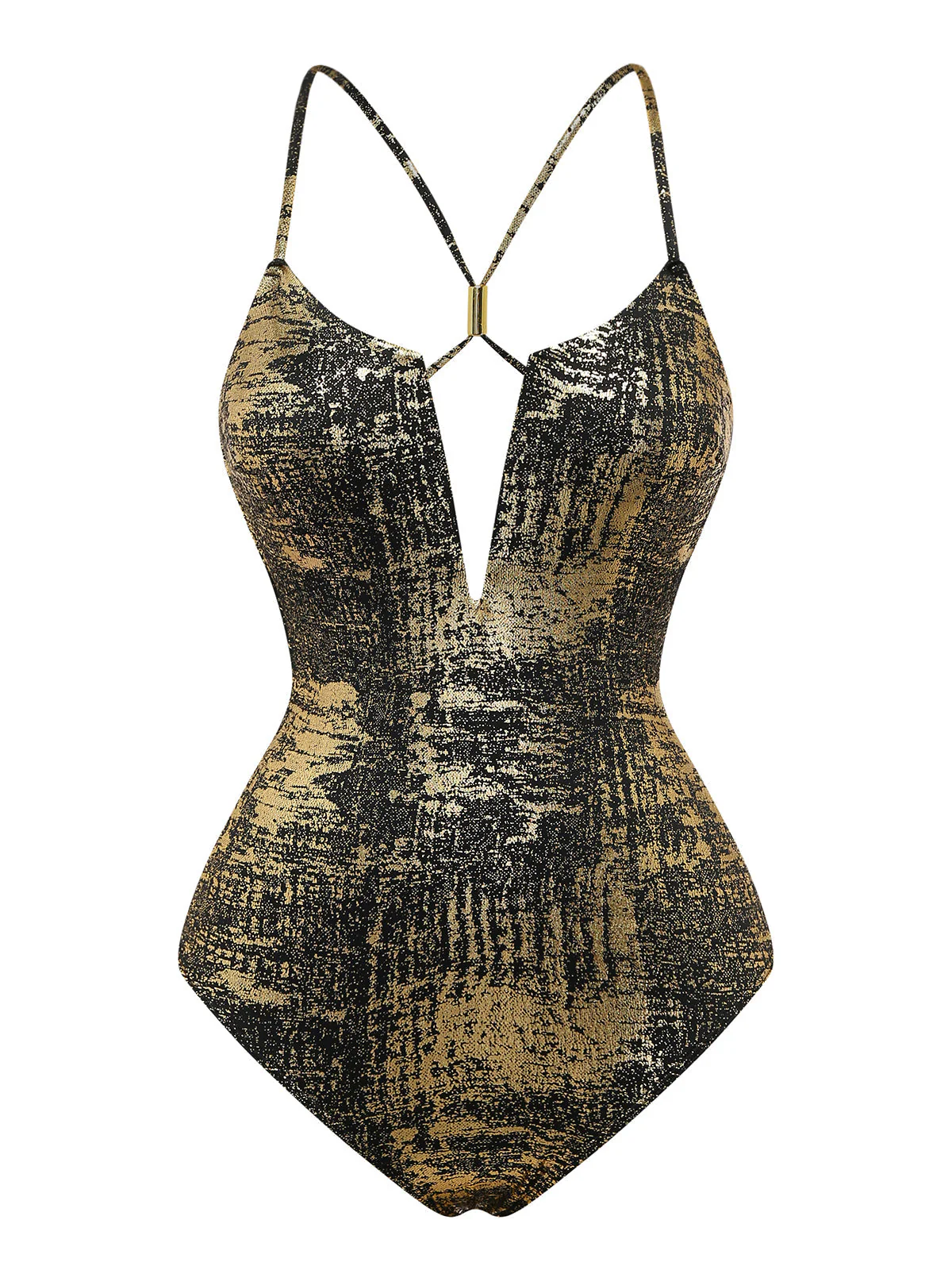 Gold 70er Badeanzug mit Distressed-Metallic und tiefem V-Ausschnitt - Image 2