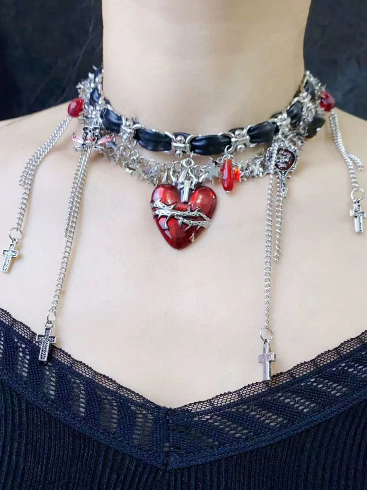 Gothic Dornenherz Leder Kreuz Quaste Halsband - Image 3