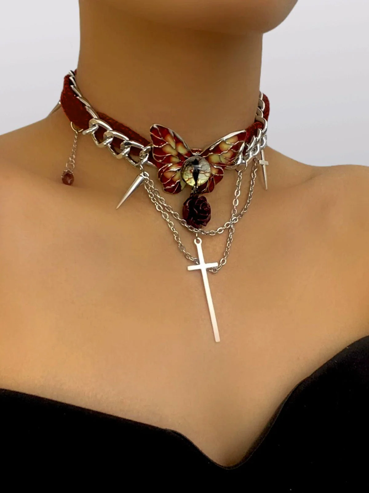 Gothic Kreuzen Chains Rose Rot Samt Schmetterling Choker - Image 2