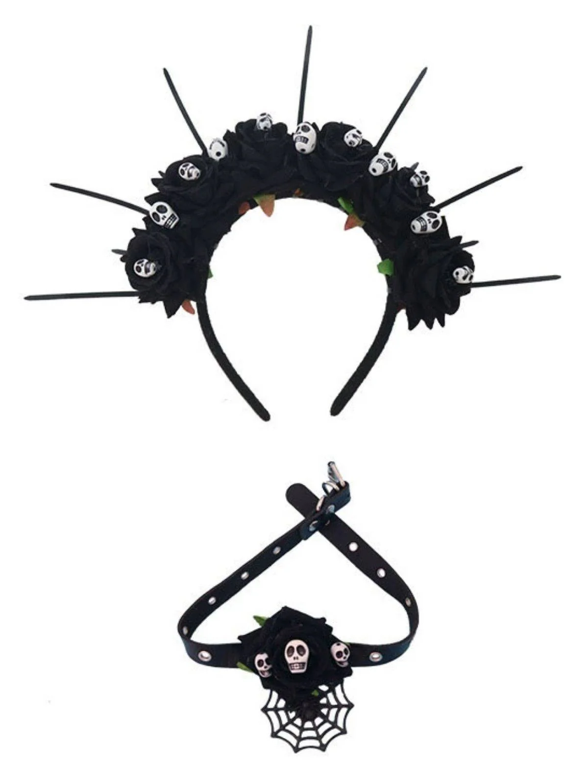 Gothic Schädel Rose Halloween Stirnband & Halskette - Image 2