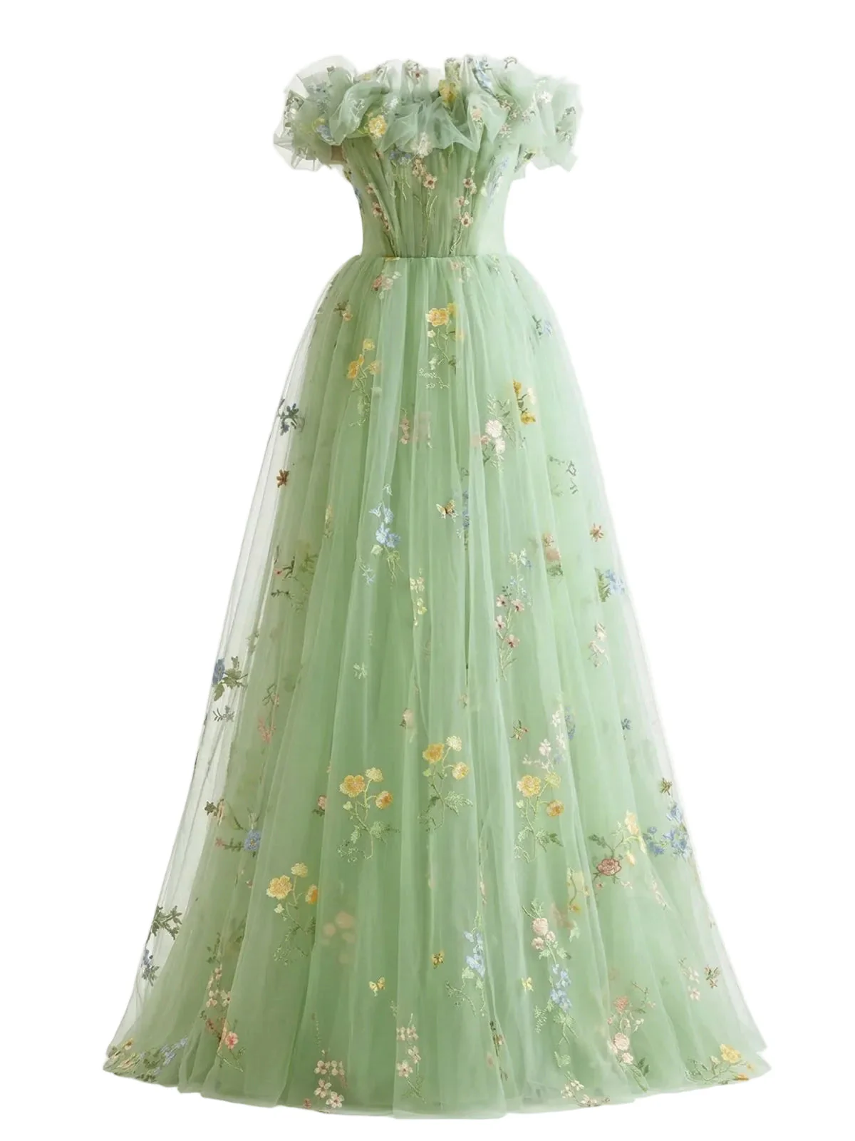 [Vorverkauf] Grün 1930er Blumen Bestickt Netz Trägerloses Kleid - Image 2
