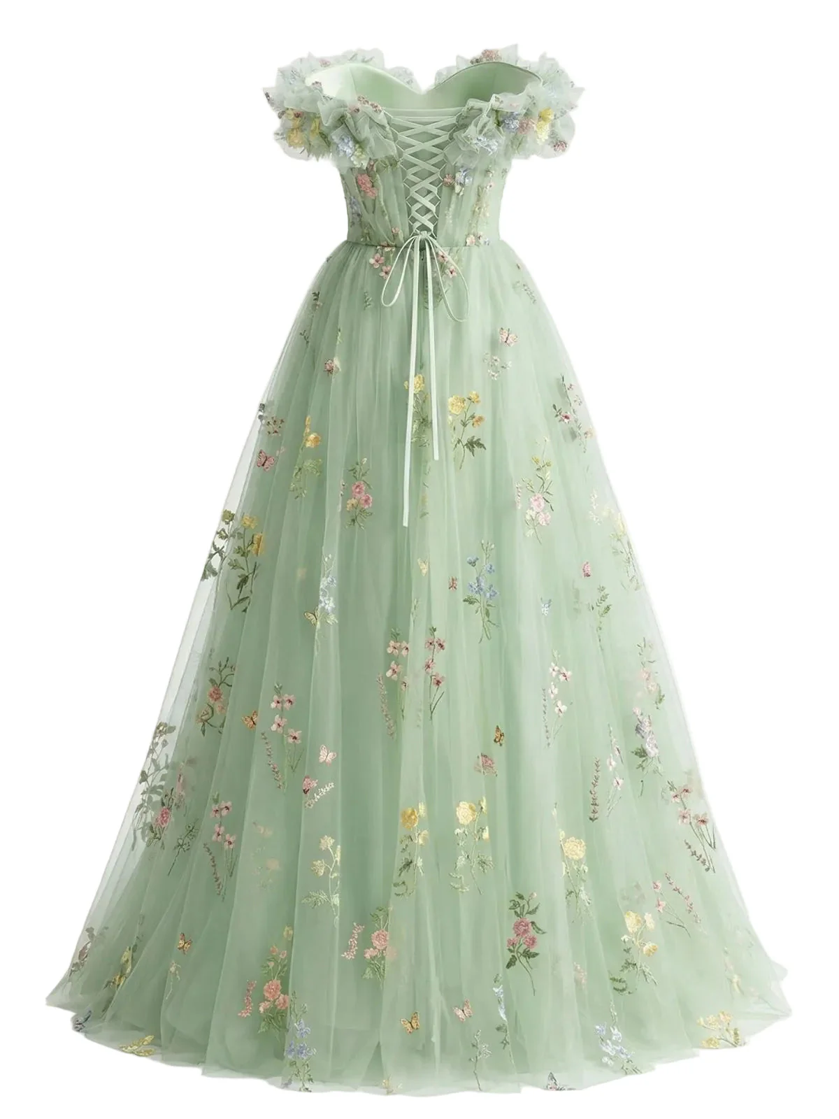 [Vorverkauf] Grün 1930er Blumen Bestickt Netz Trägerloses Kleid - Image 3