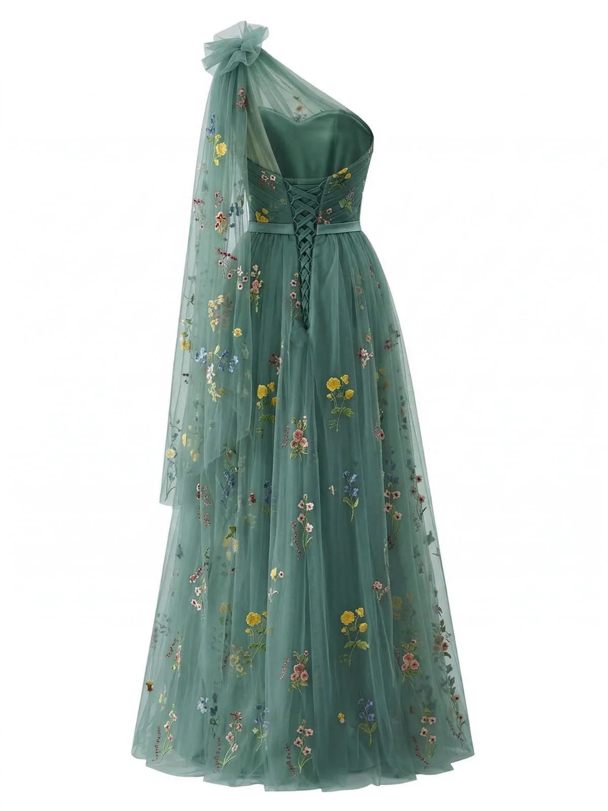 [Vorverkauf] Grün 1930er Einseitrig Blumen Bestickt Tüll Maxi Kleid - Image 2