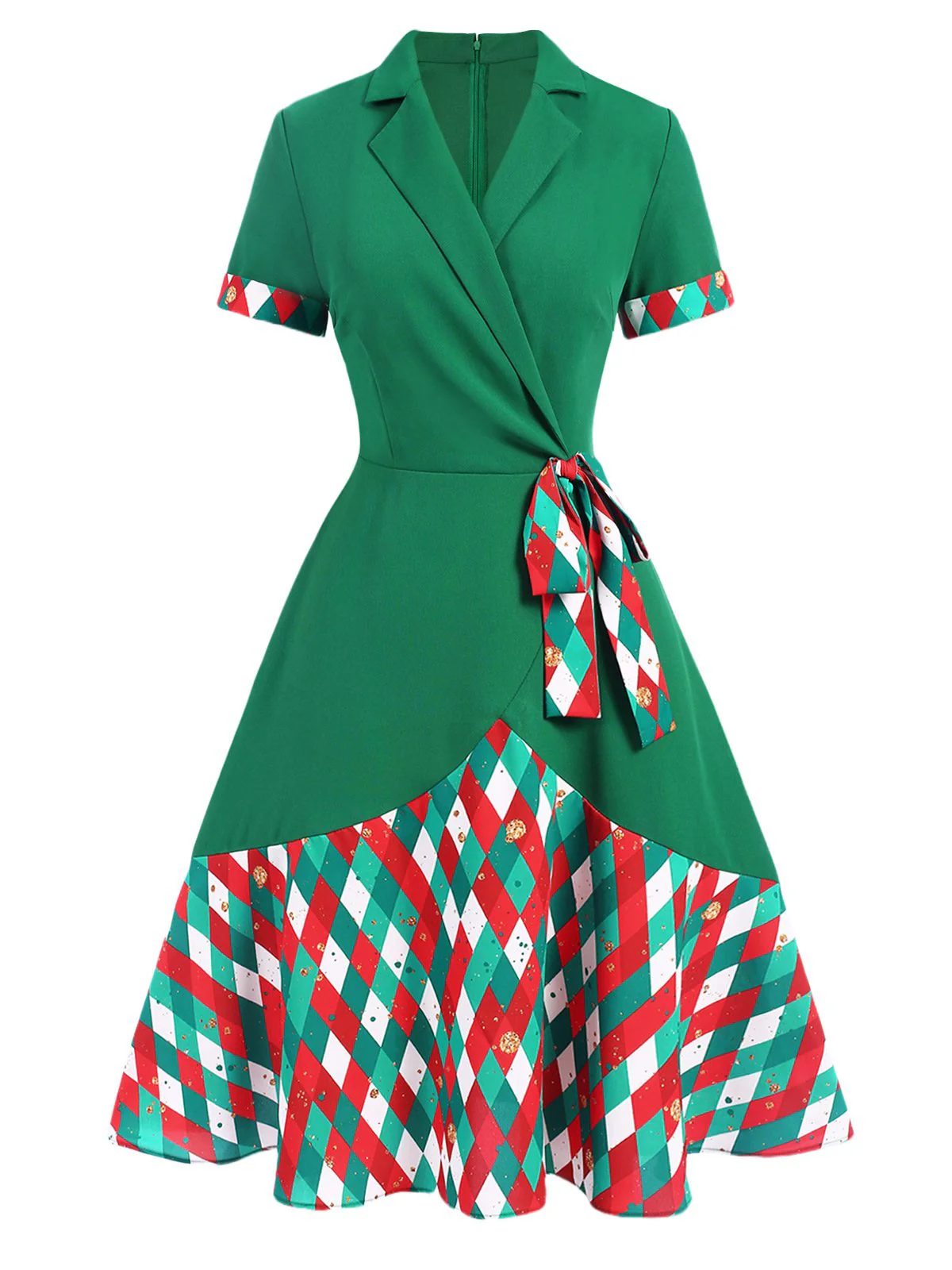 Grün 1940er Bunt Plaid Gekerbter Kragen Kleid - Image 2