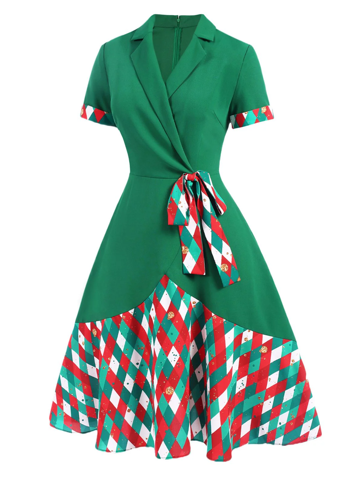 Grün 1940er Bunt Plaid Gekerbter Kragen Kleid - Image 3