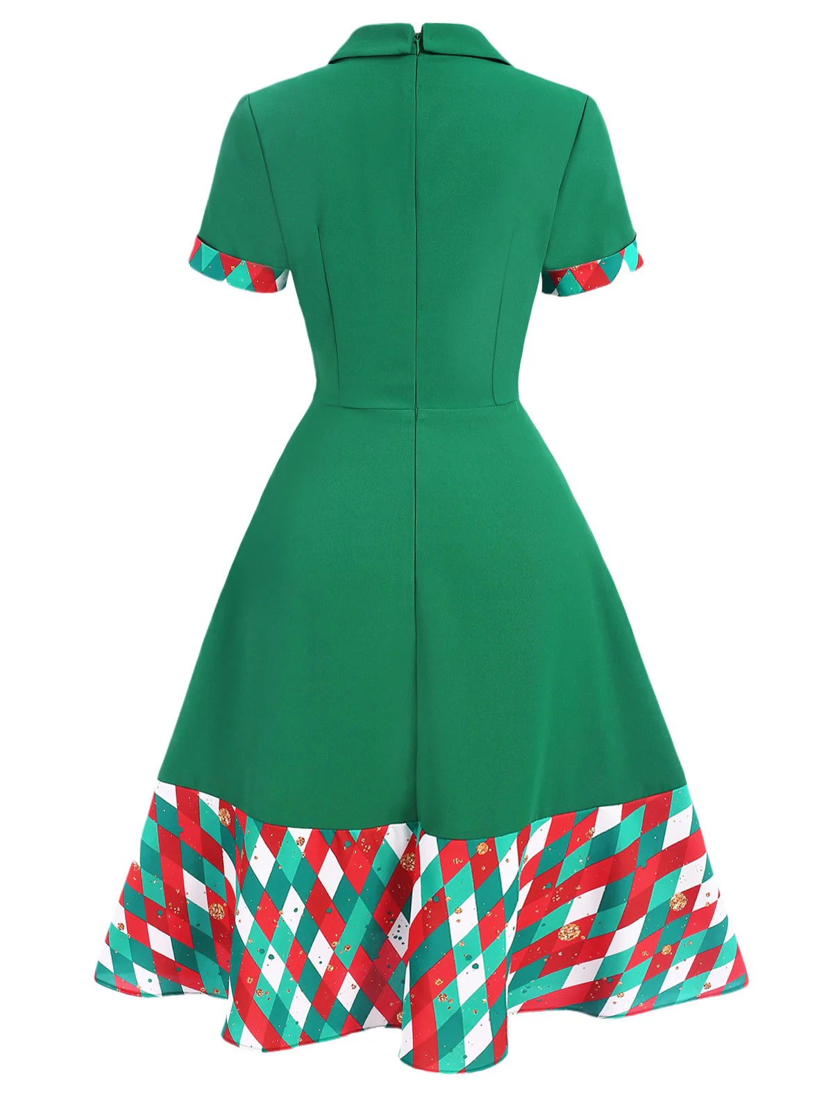 Grün 1940er Bunt Plaid Gekerbter Kragen Kleid - Image 4