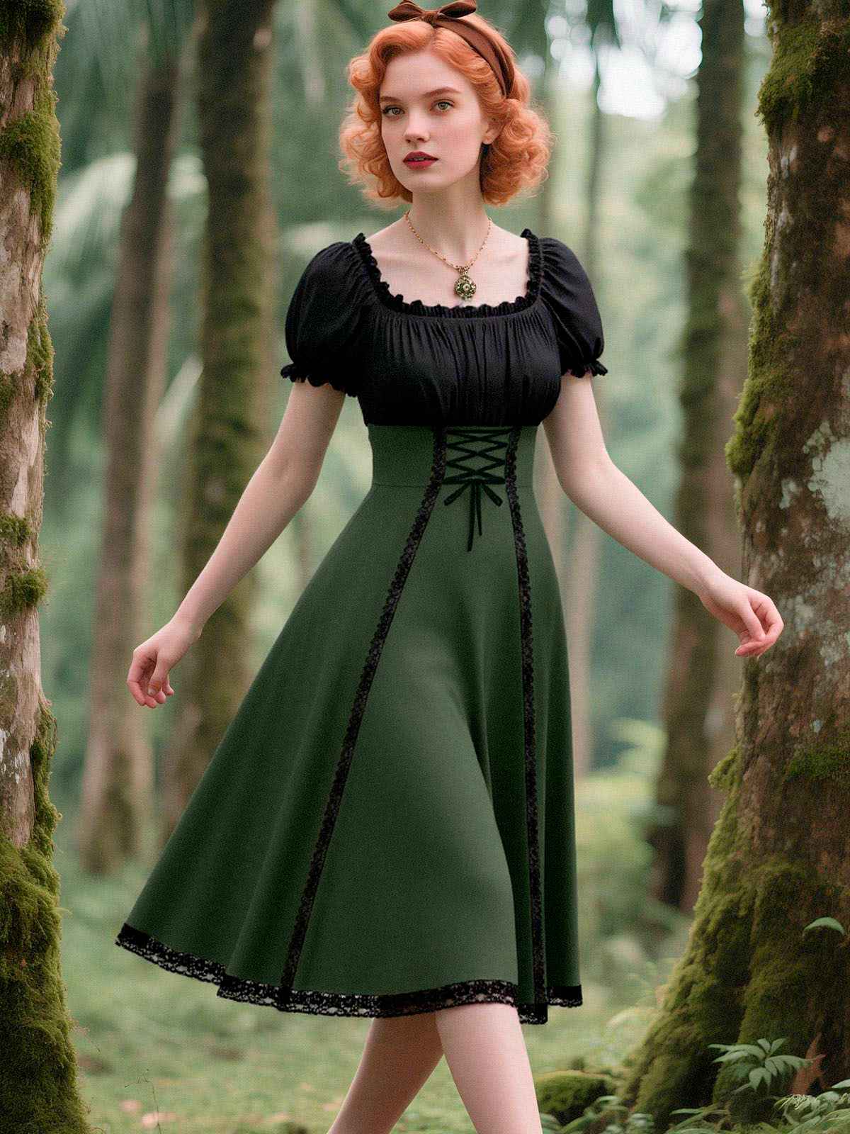 Grün 1940er Farbblock Schnürung Kleid - Image 2