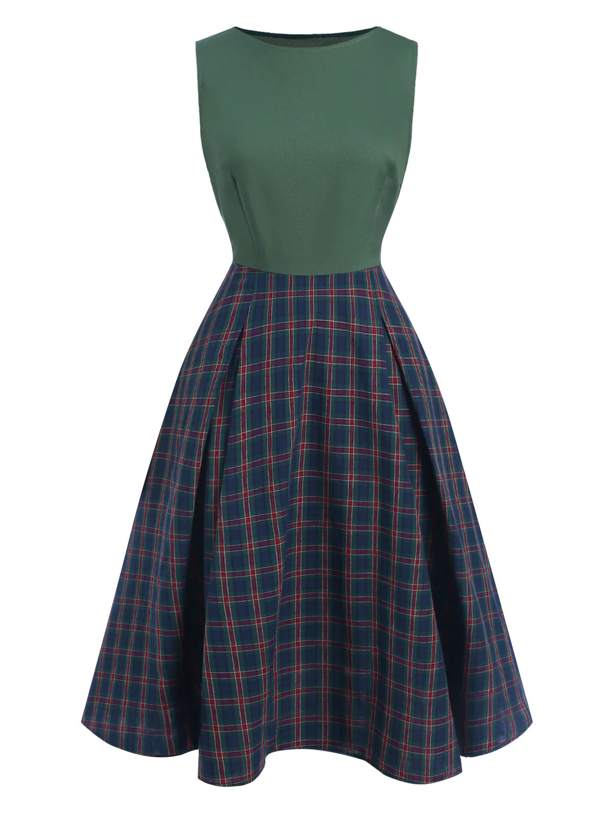 Grün 1940er Plaids Patchwork Ärmellos Kleid - Image 2