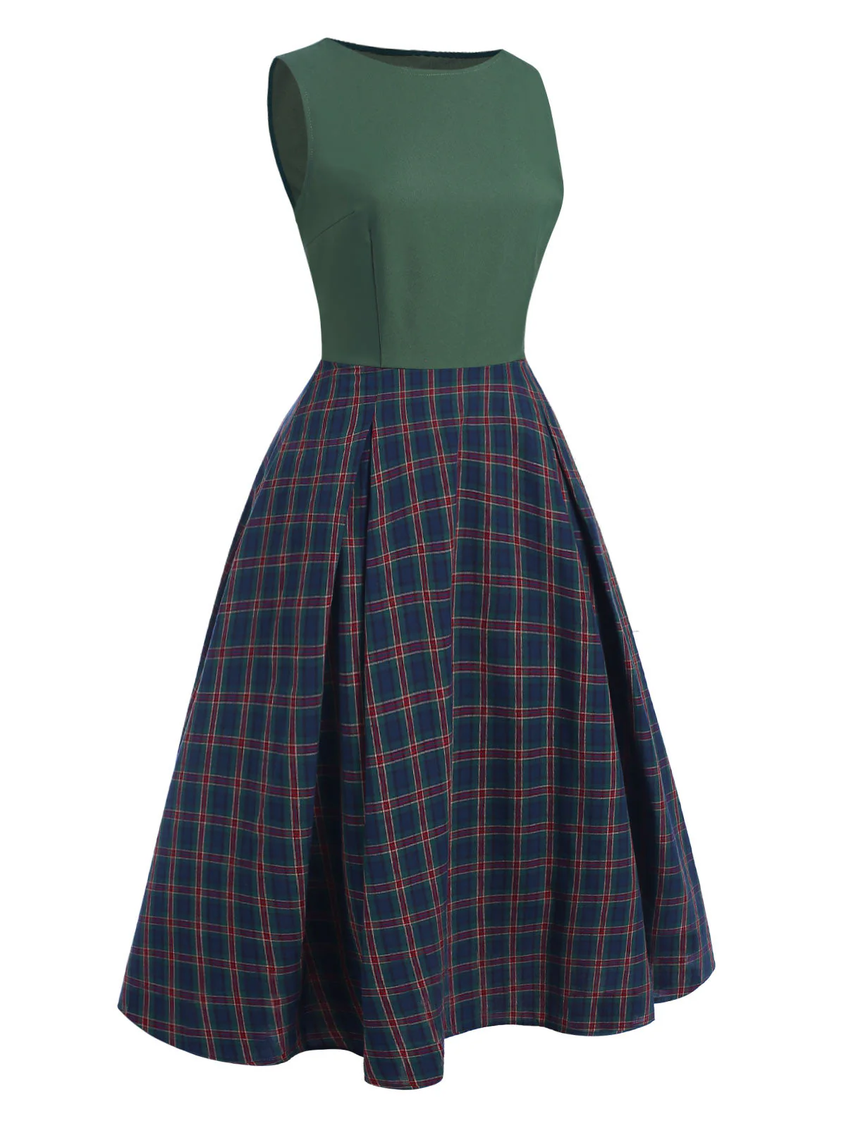 Grün 1940er Plaids Patchwork Ärmellos Kleid - Image 3