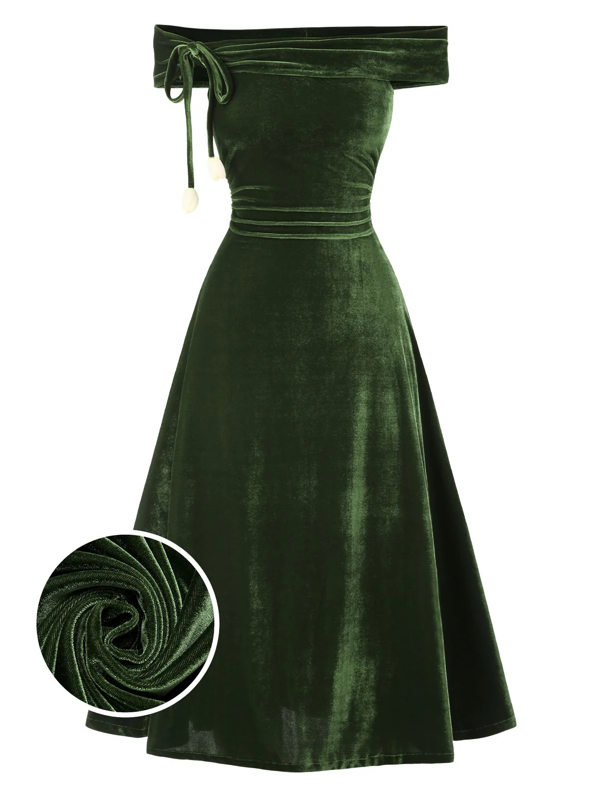 Grün 1940er Samt Gerüscht Schulterfrei Bardot Kleid
