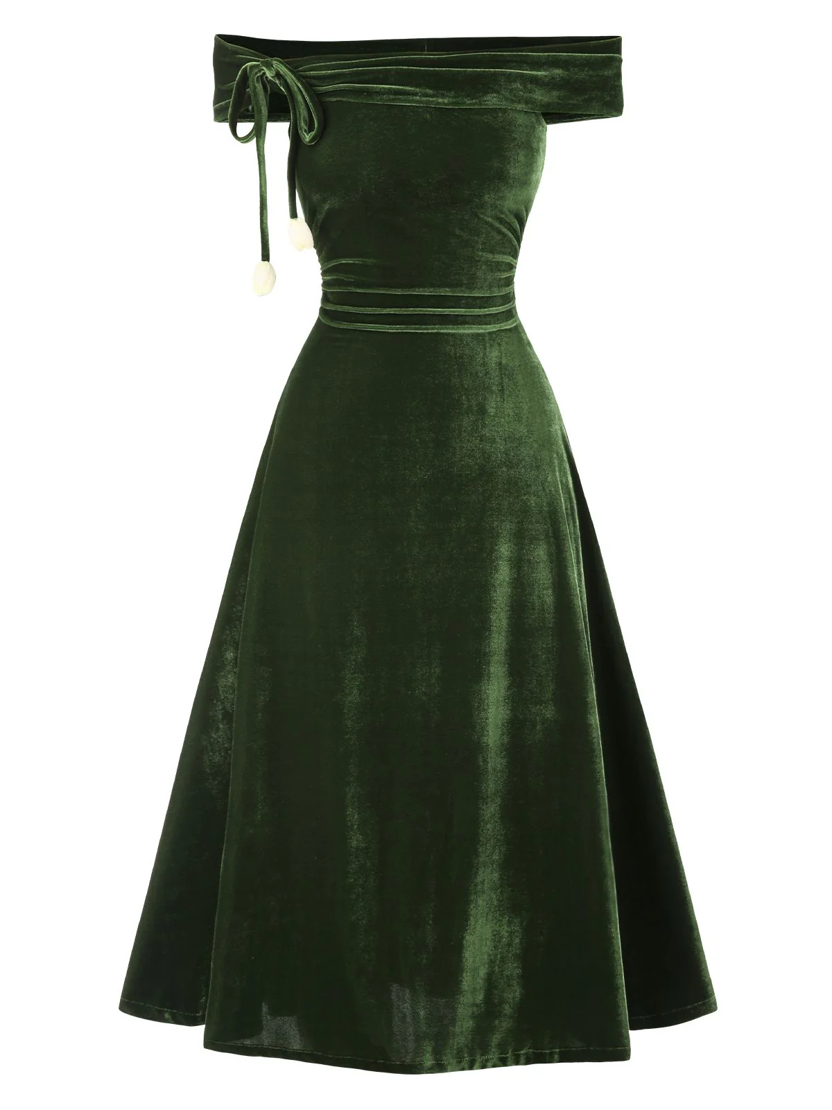 Grün 1940er Samt Gerüscht Schulterfrei Bardot Kleid - Image 3